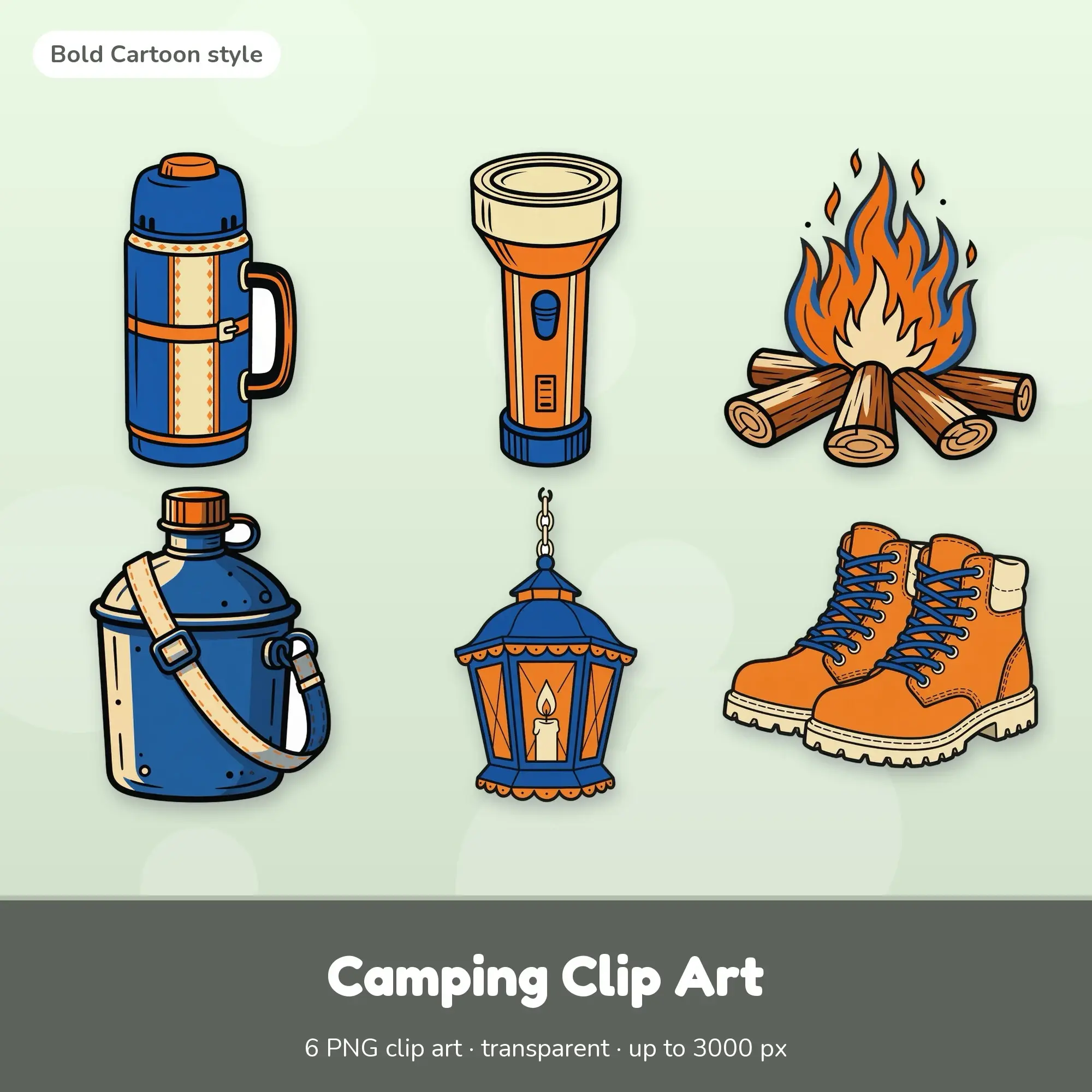 Camping Clip Art: Thermos Flask, Flashlight & More - Bold Cartoon PNGs preview
