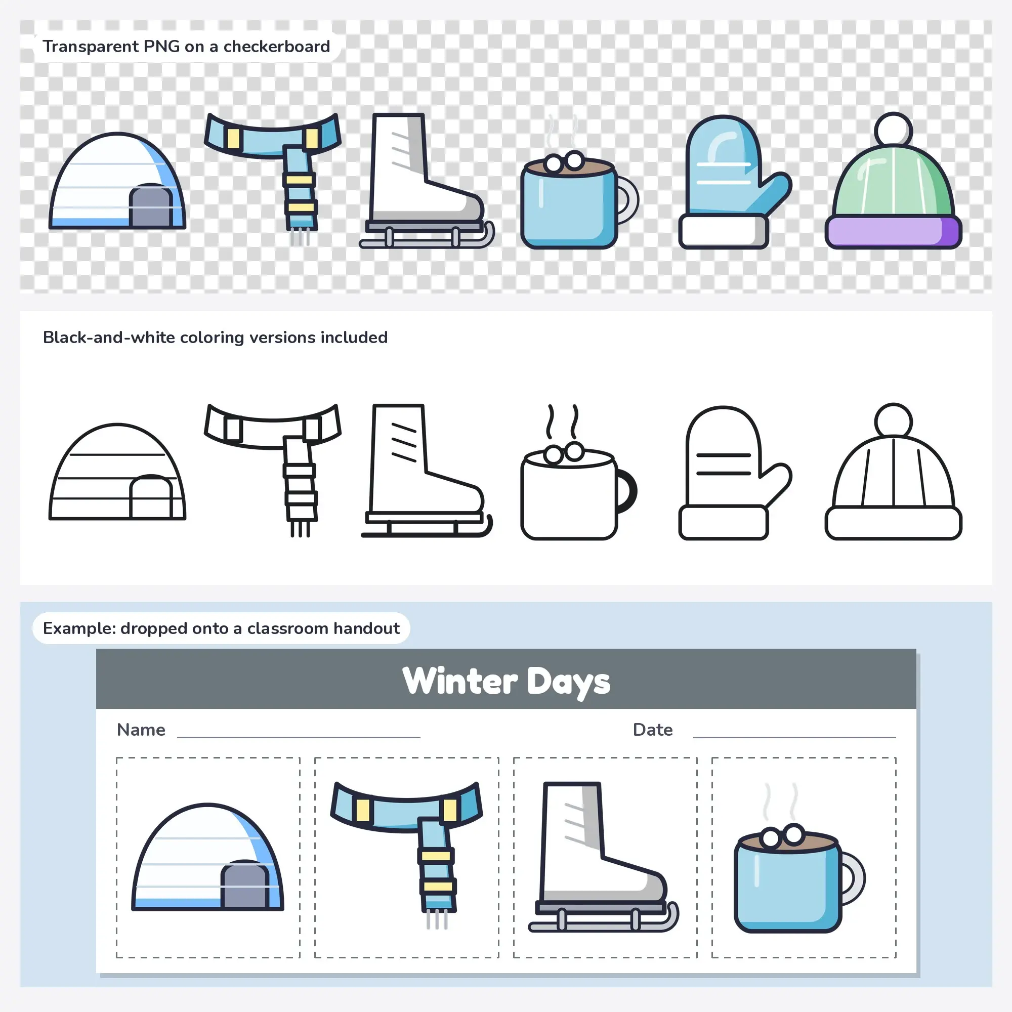 6 Winter Clip Art Vectors - Igloo, Scarf, Ice Skate, preview 2 of 2