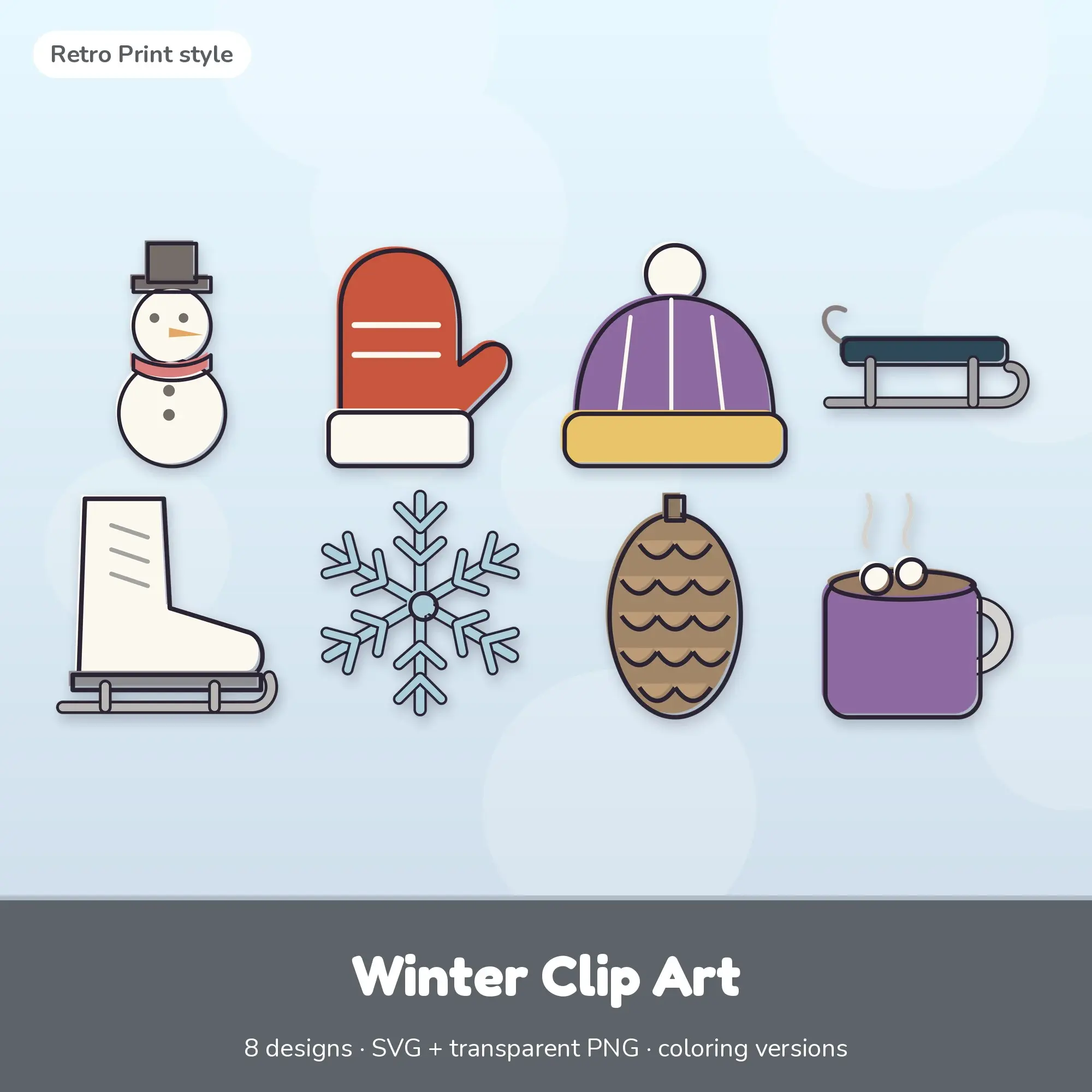 Vintage Retro Print Winter Clipart - 8 SVG and PNG preview
