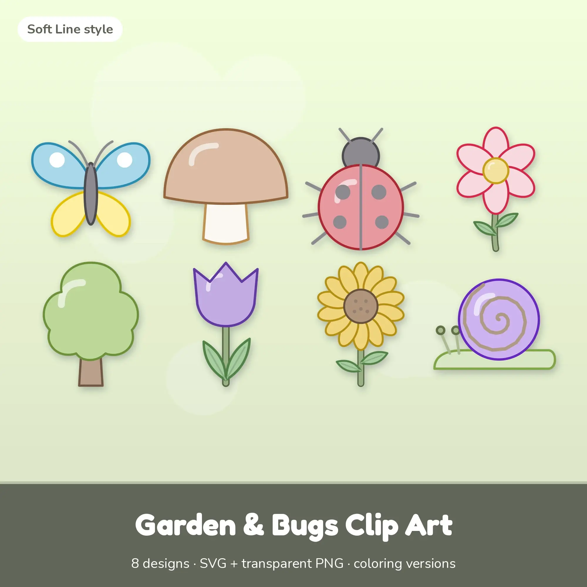 Garden & Bugs Vector Clipart Bundle: Butterfly, Mushroom + 6 More preview