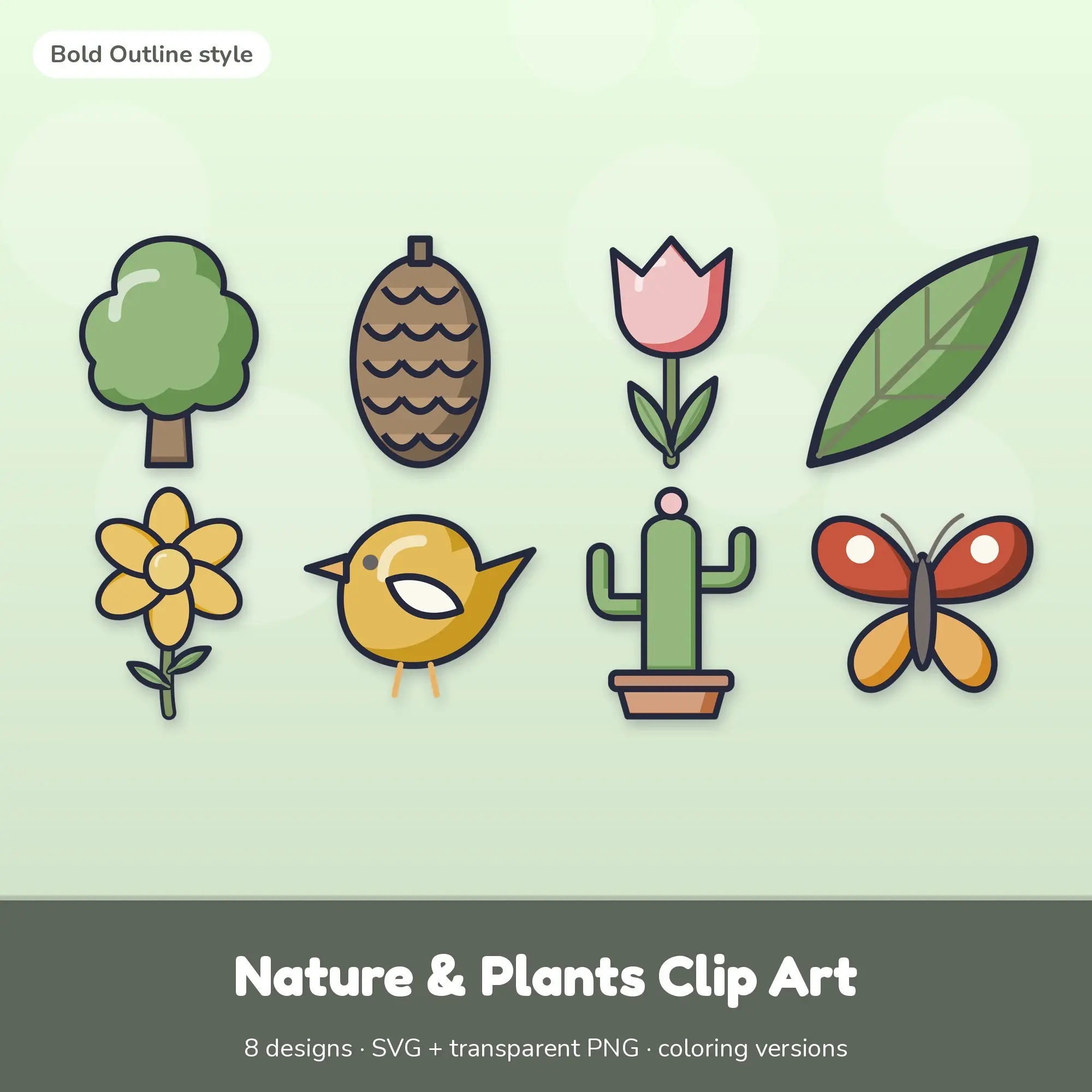 Tree & Pinecone Nature & Plants Clip Art, Bold Outline SVG PNG Set preview