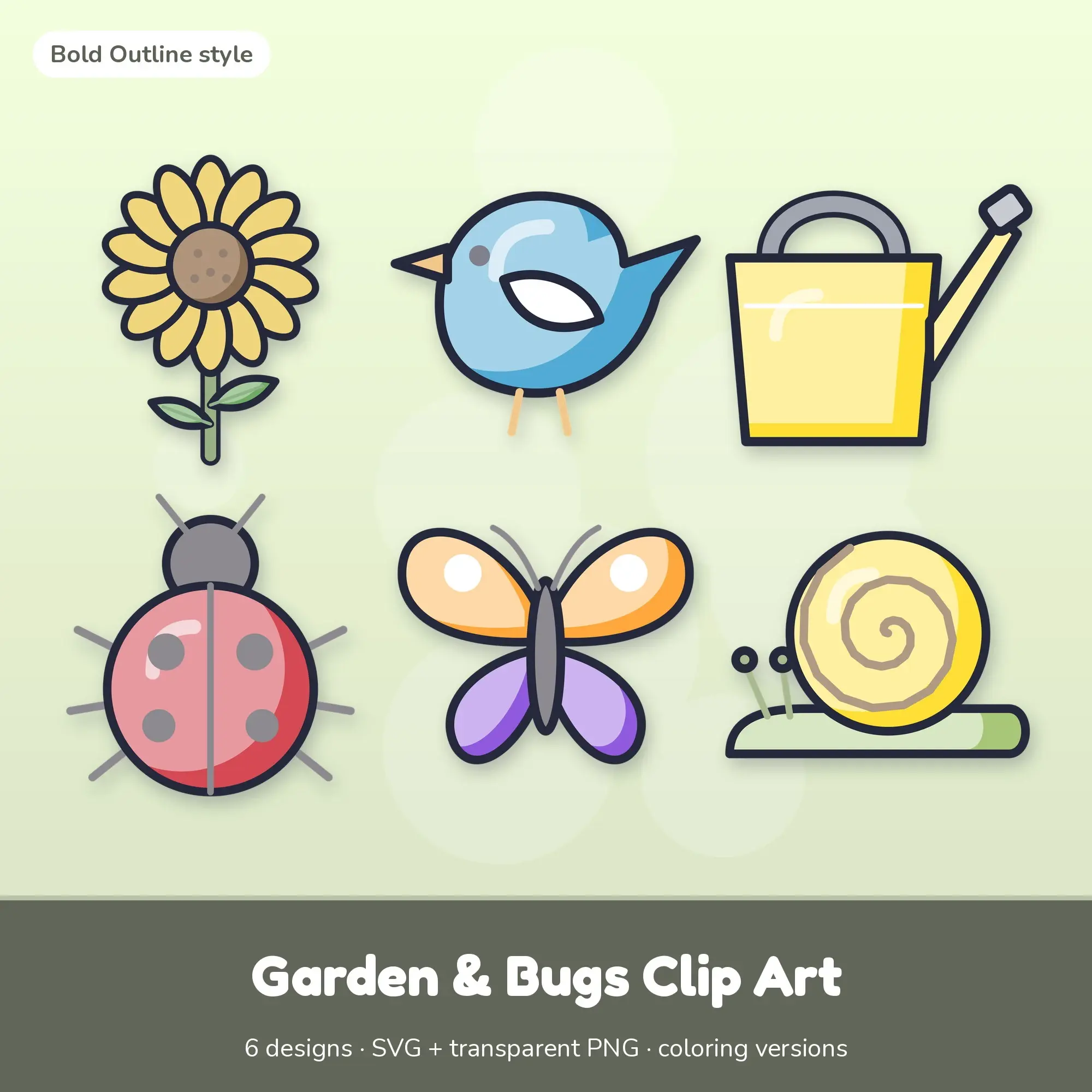 Sunflower & Bird Garden & Bugs Clip Art, Bold Outline SVG PNG Set preview