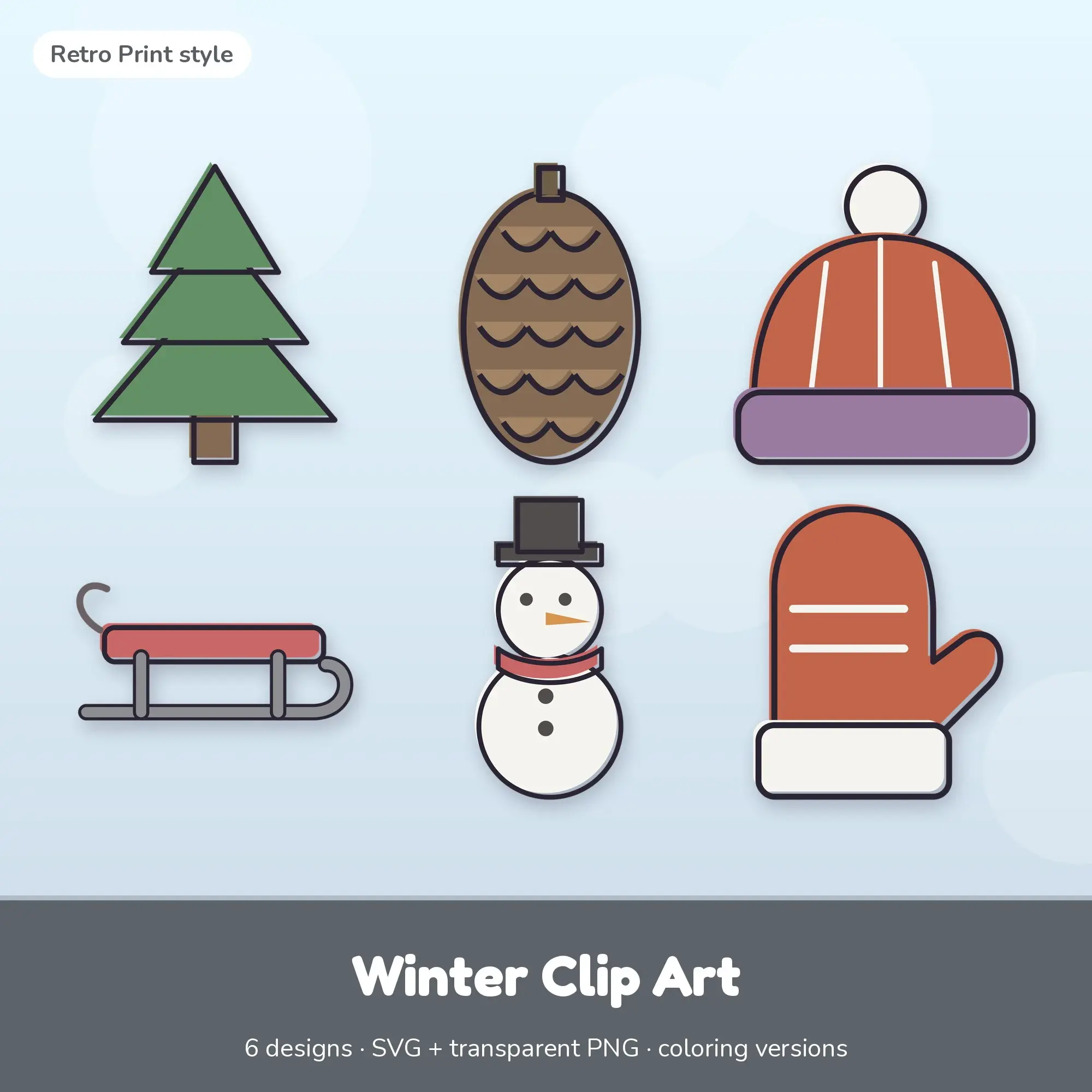 Muted Earthy Retro Print Winter Clipart - 6 SVG and PNG preview