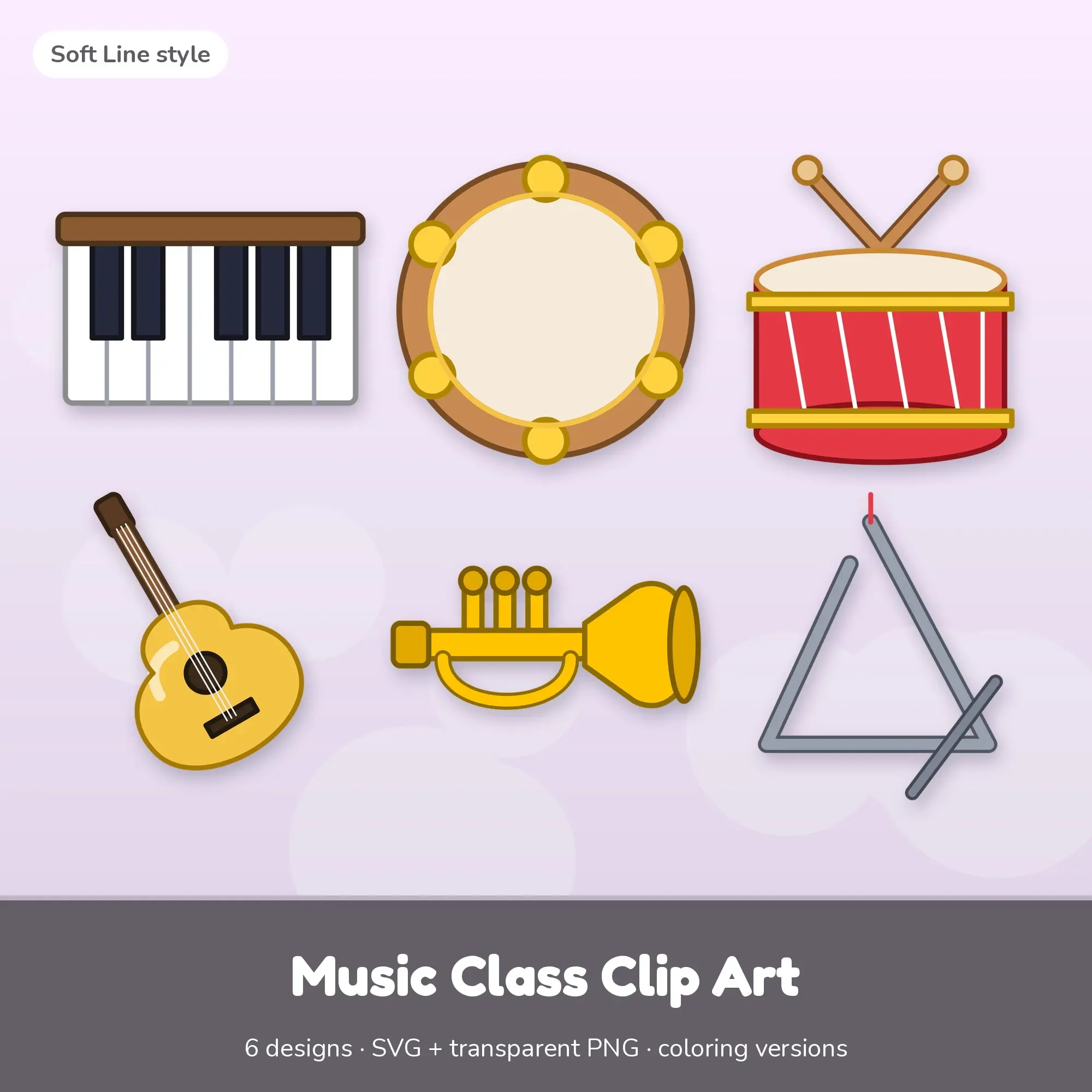 Soft Line Music Class Clipart Set: 6 Vector Designs, SVG PNG preview