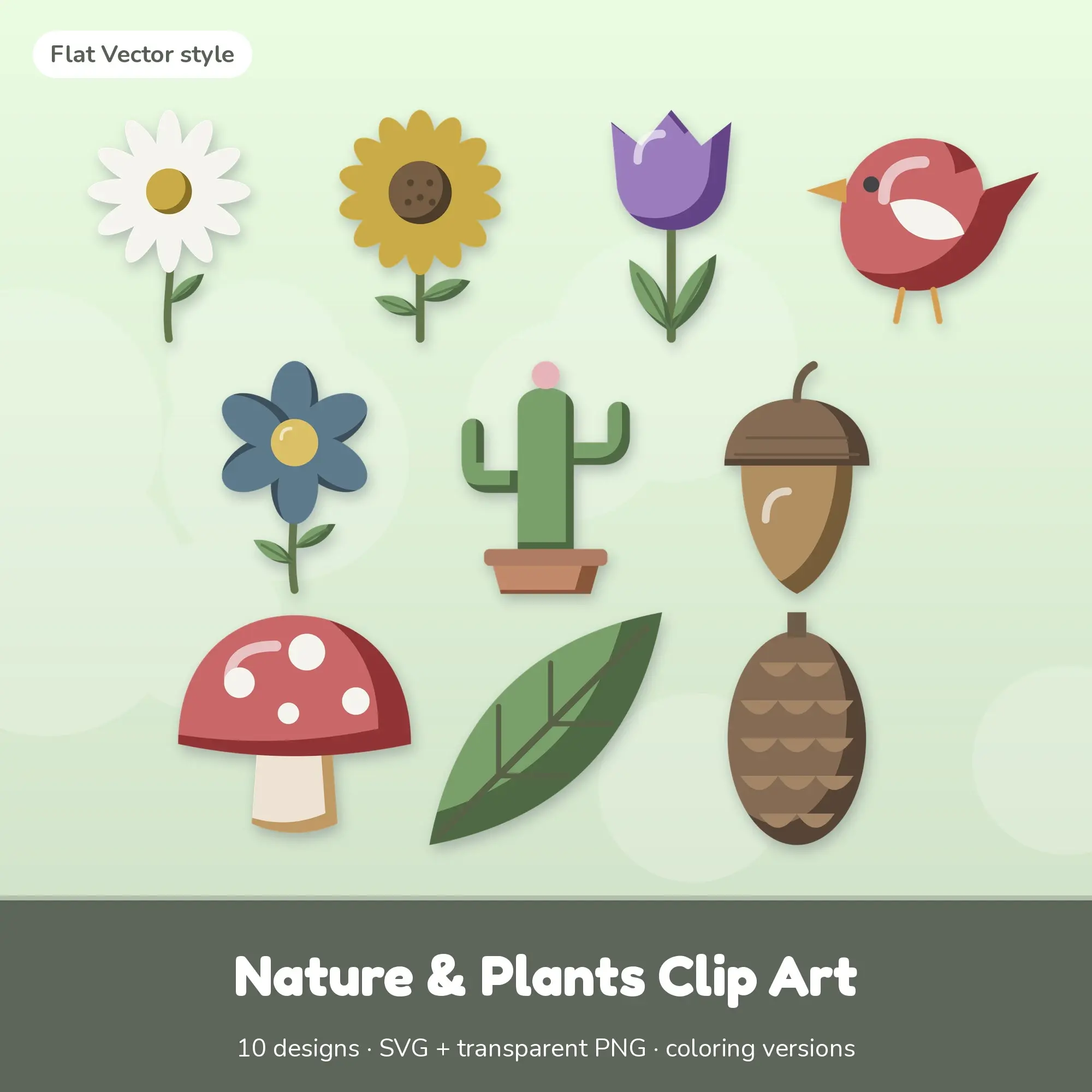 Flat Vector Nature & Plants Clipart Set: 10 Vector Designs, SVG PNG preview