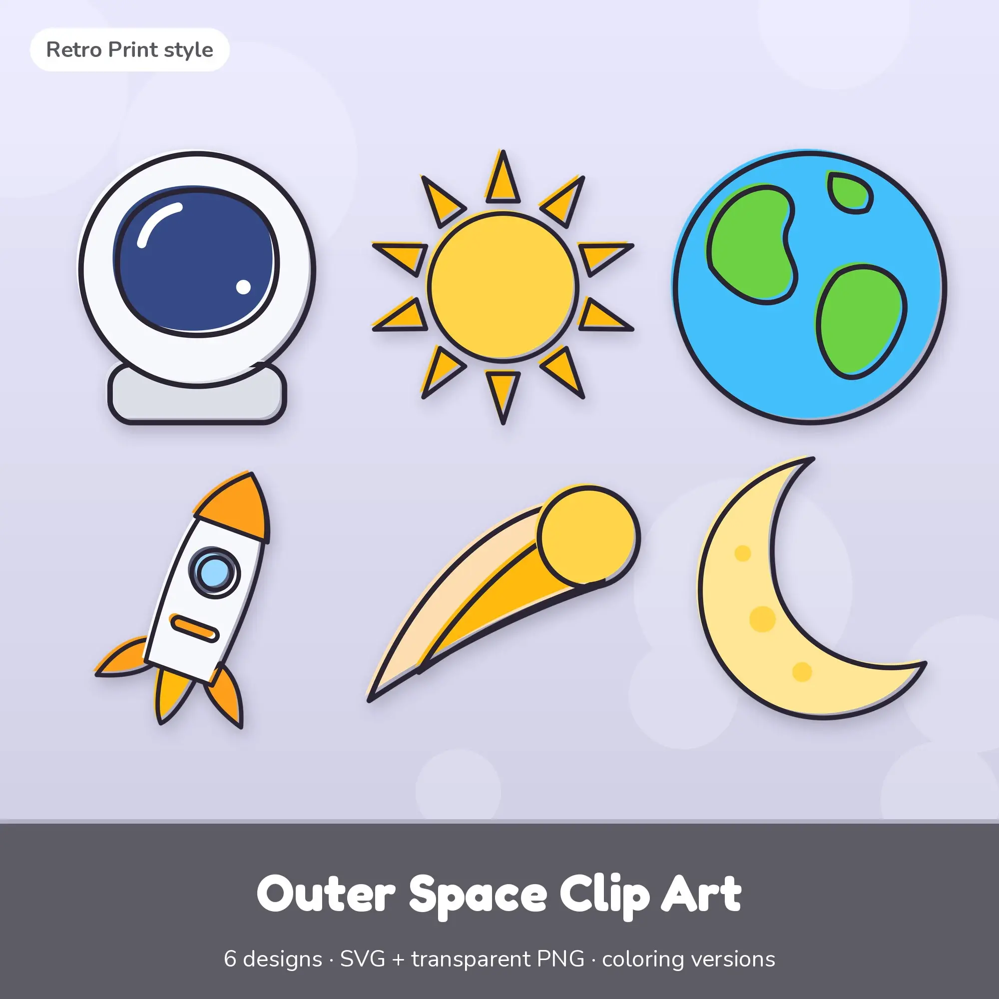 Outer Space Clip Art with Coloring Pages - 6 Retro Print Designs preview