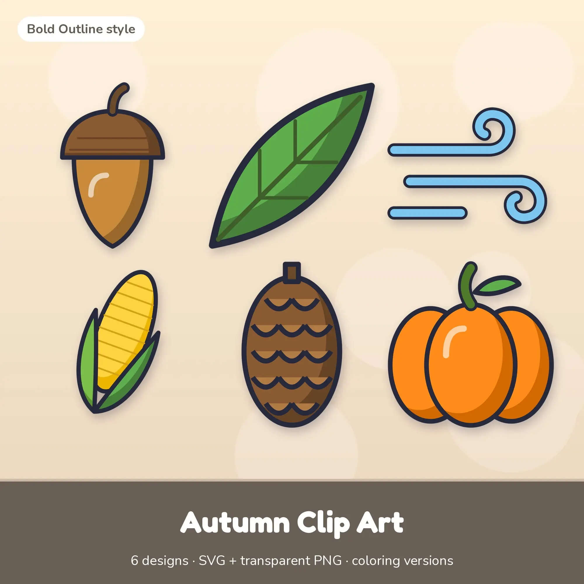 Acorn & Leaf Autumn Clip Art, Bold Outline SVG PNG Set preview