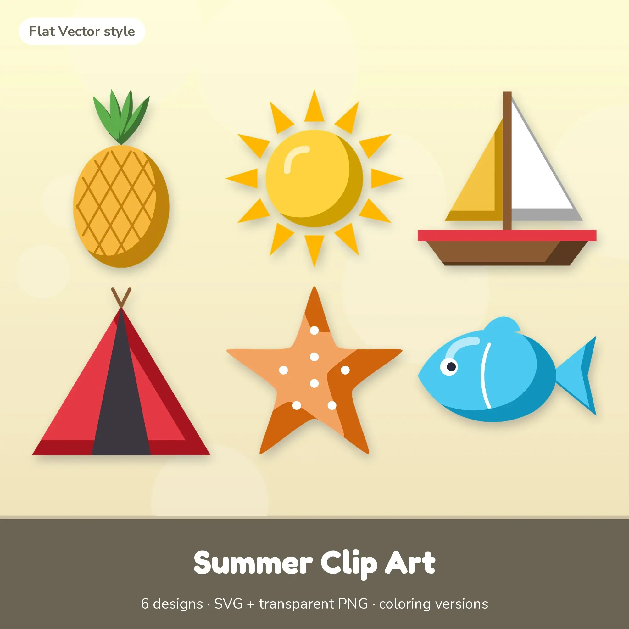 Summer Clip Art with Coloring Pages - 6 Flat Vector Designs preview