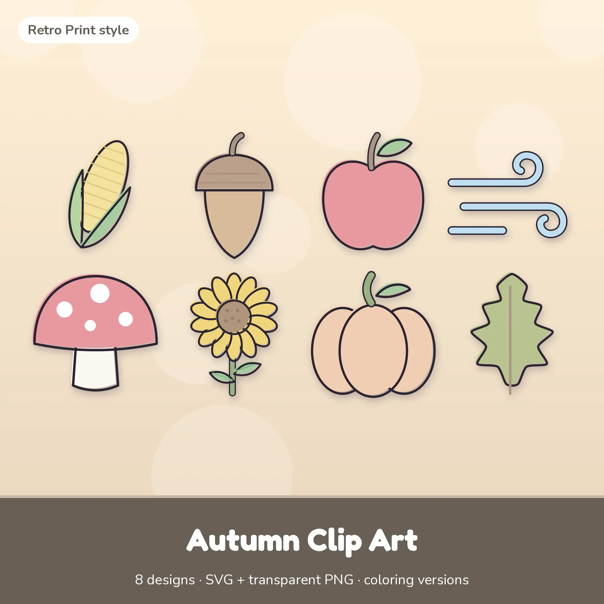 Autumn Clip Art with Coloring Pages - 8 Retro Print Designs preview