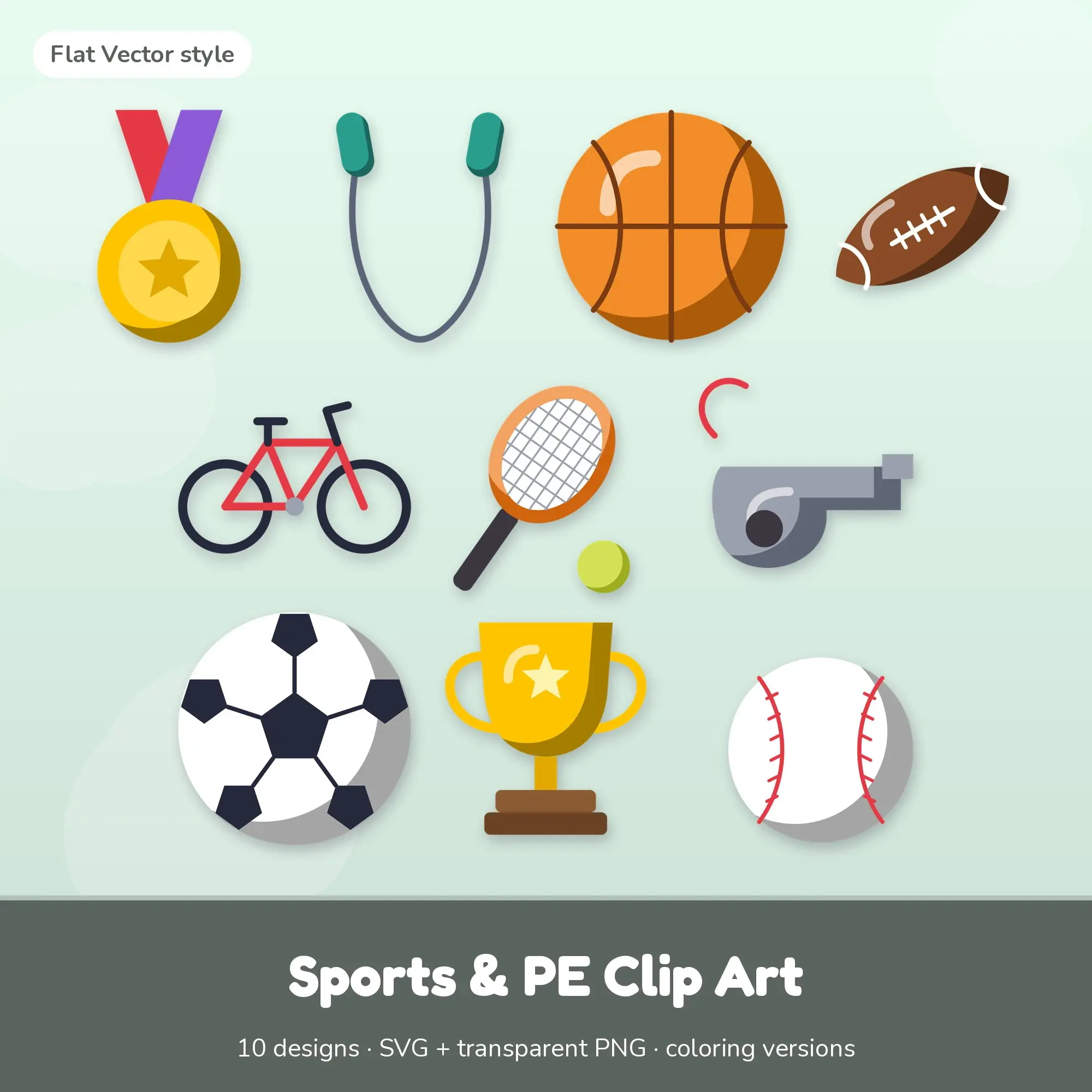 Medal & Jump Rope Sports & PE Clip Art, Flat Vector SVG PNG Set preview