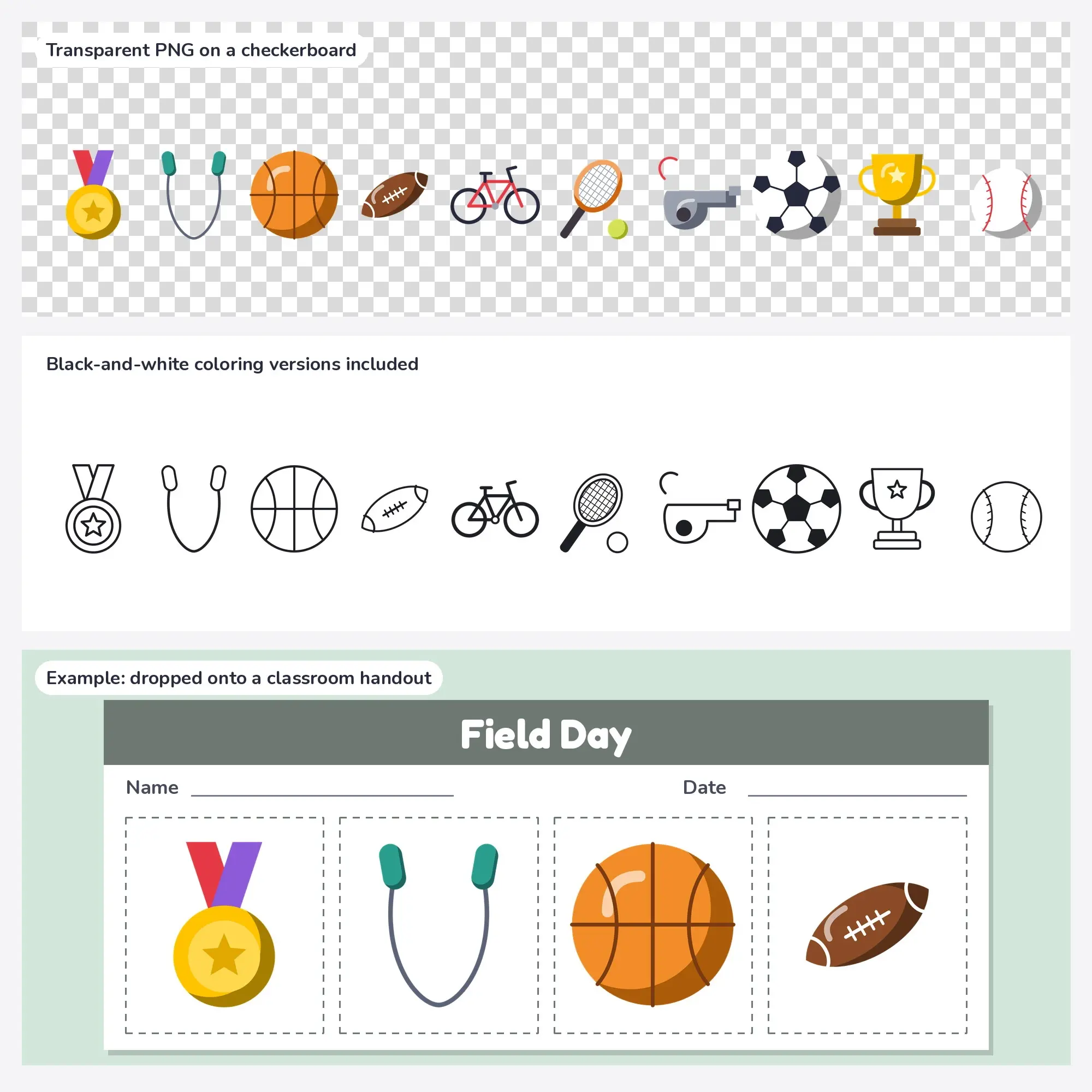 Medal & Jump Rope Sports & PE Clip Art, Flat Vector SVG PNG Set, preview 2 of 2