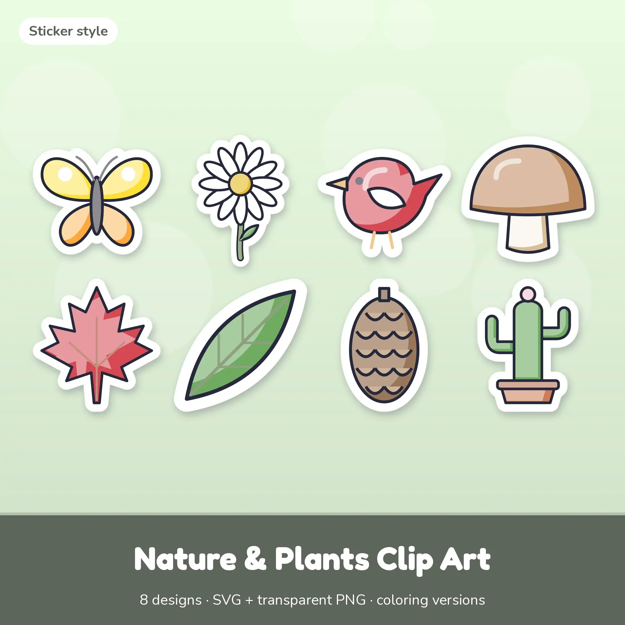 Nature & Plants Clip Art with Coloring Pages - 8 Sticker Designs preview