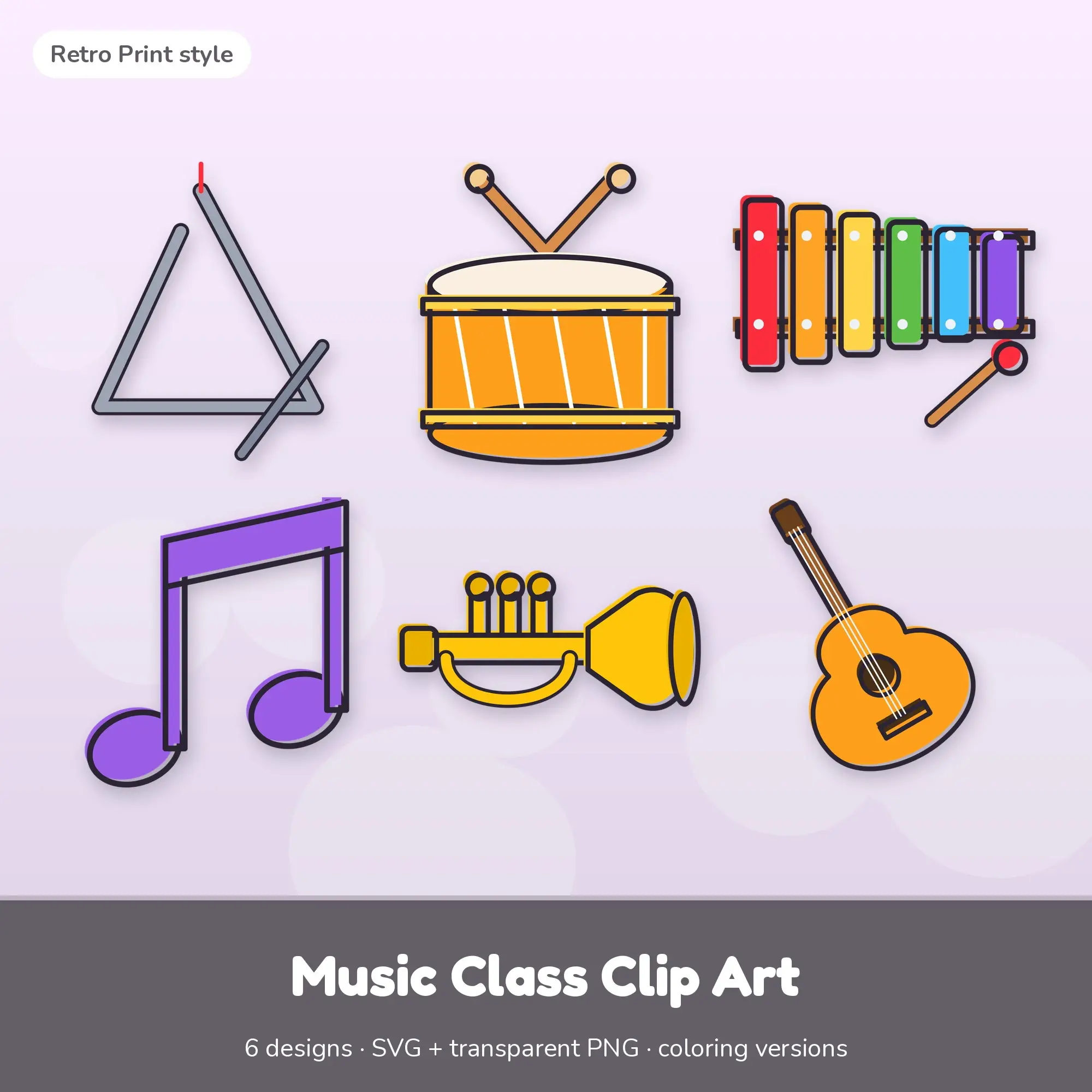 Music Class Clip Art with Coloring Pages - 6 Retro Print Designs preview