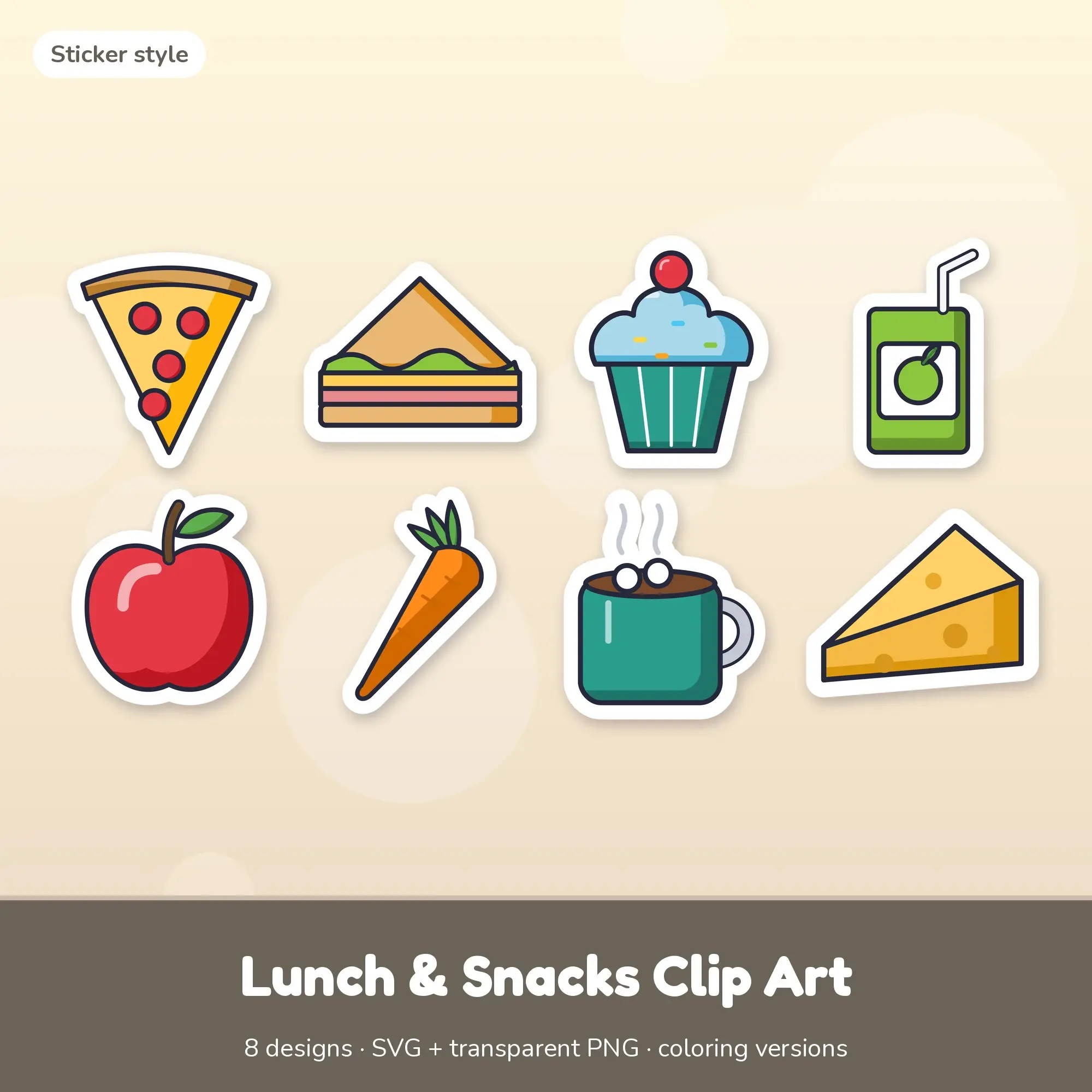 Sticker Lunch & Snacks Clipart Set: 8 Vector Designs, SVG PNG preview