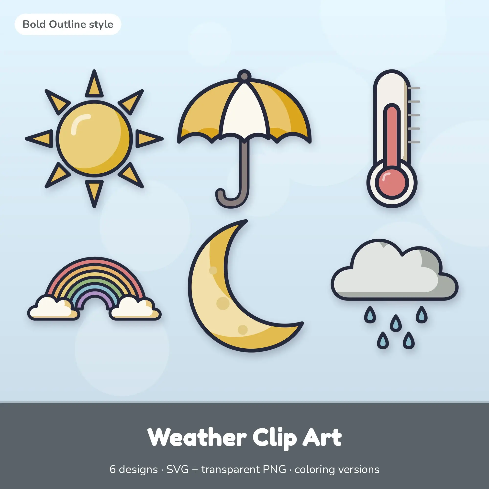 Weather Vector Clipart Bundle: Sun, Umbrella + 4 More, preview 1 of 2