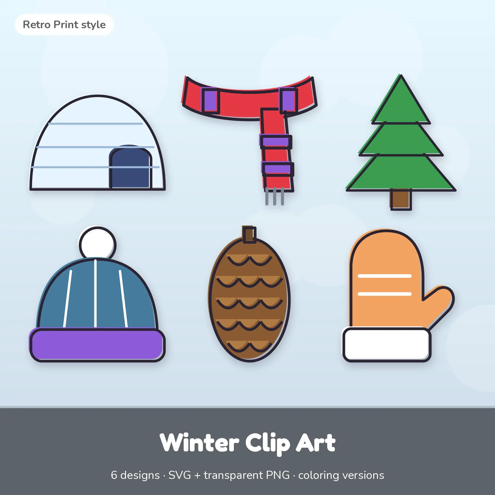 6 Winter Clip Art Vectors - Igloo, Scarf, Pine Tree preview