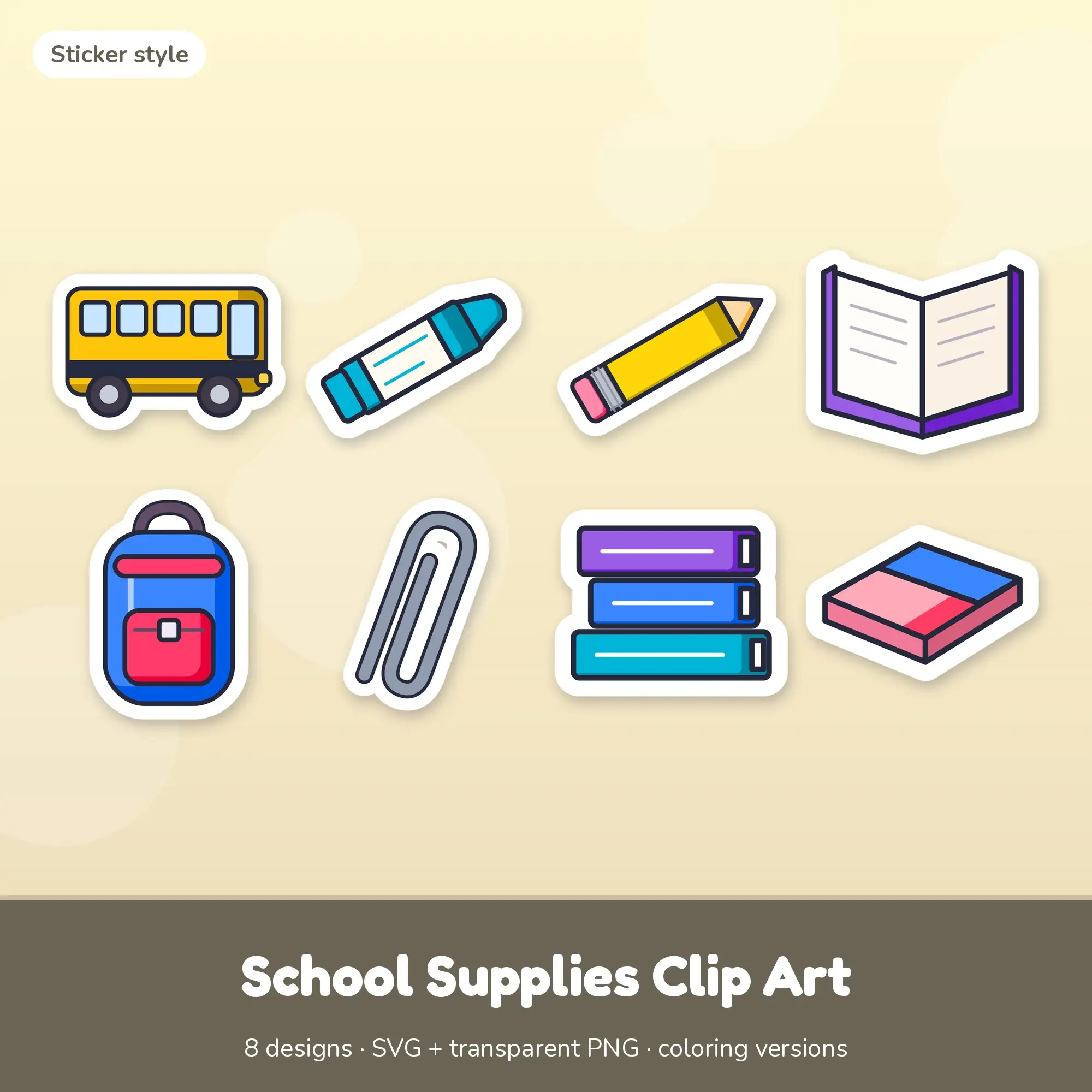 Sticker School Supplies Clipart Set: 8 Vector Designs, SVG PNG preview