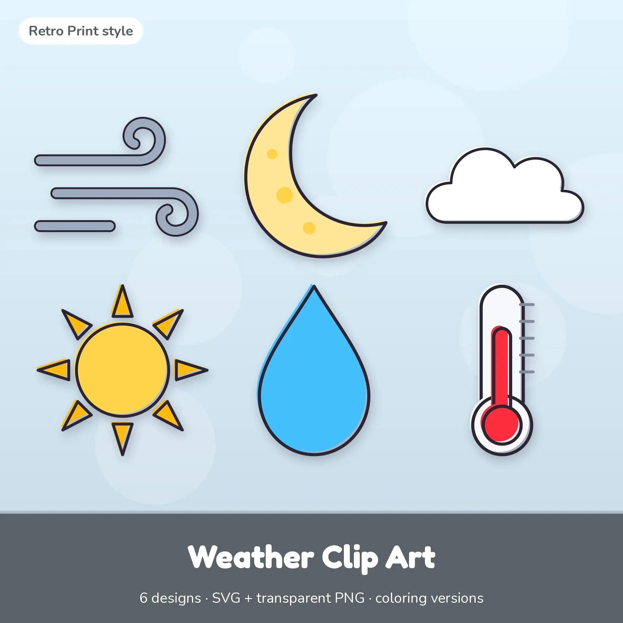 6 Weather Clip Art Vectors - Wind, Moon, Cloud preview