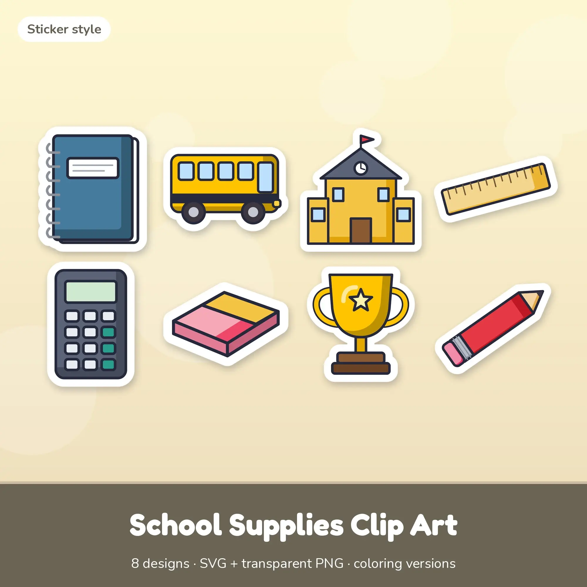 School Supplies Vector Clipart Bundle: Notebook, School Bus + 6 More preview