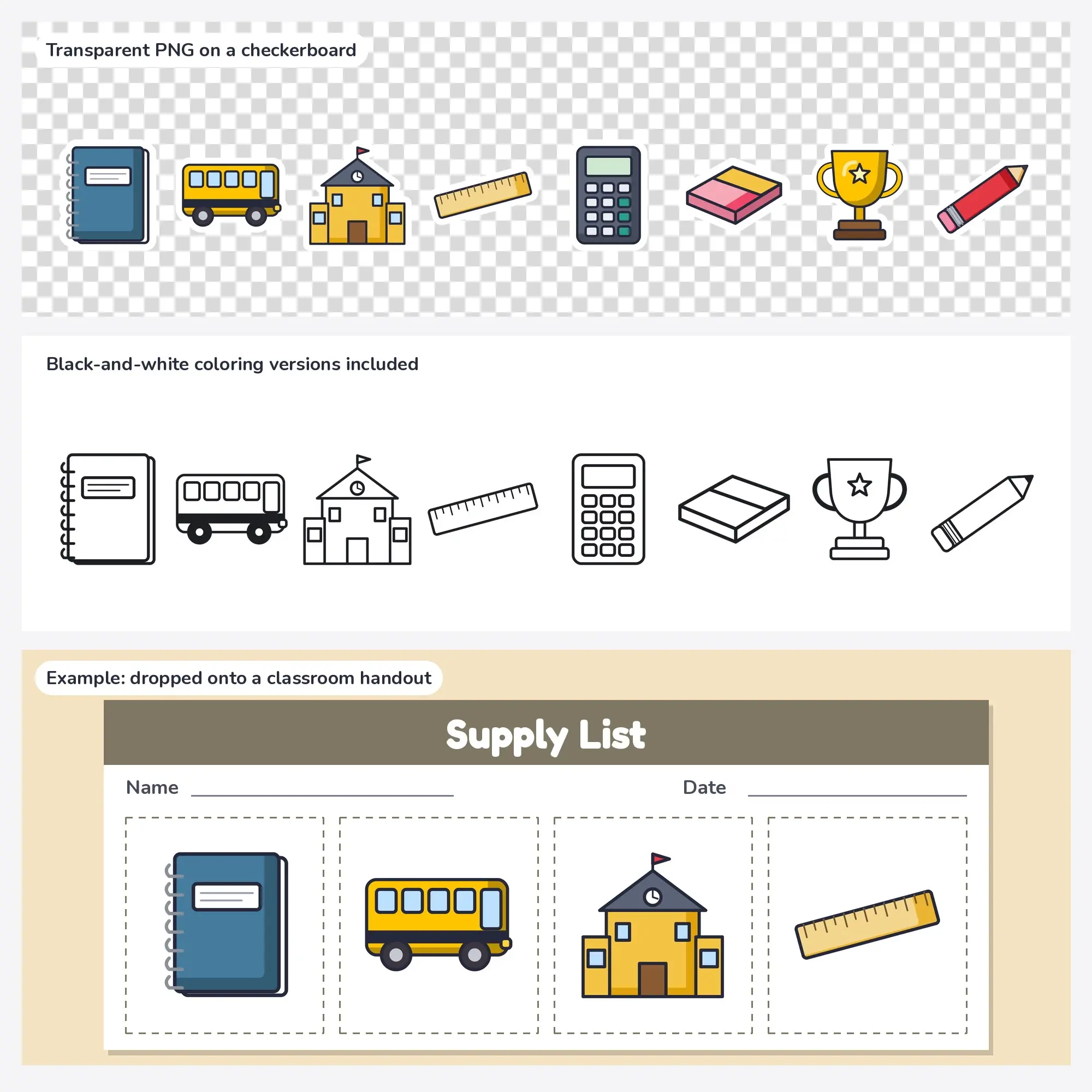 School Supplies Vector Clipart Bundle: Notebook, School Bus + 6 More, preview 2 of 2