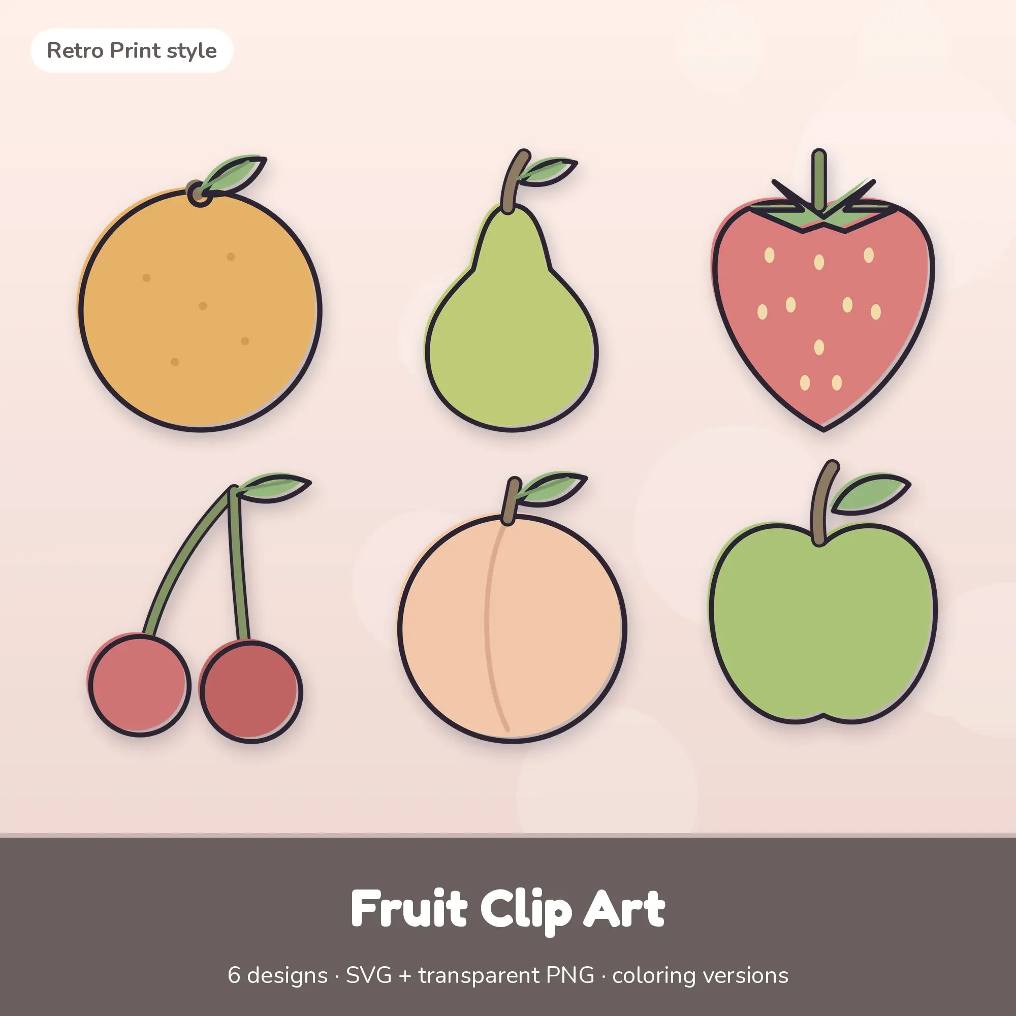 Fruit Clip Art SVG & PNG - Orange, Pear & More (Retro Print) preview