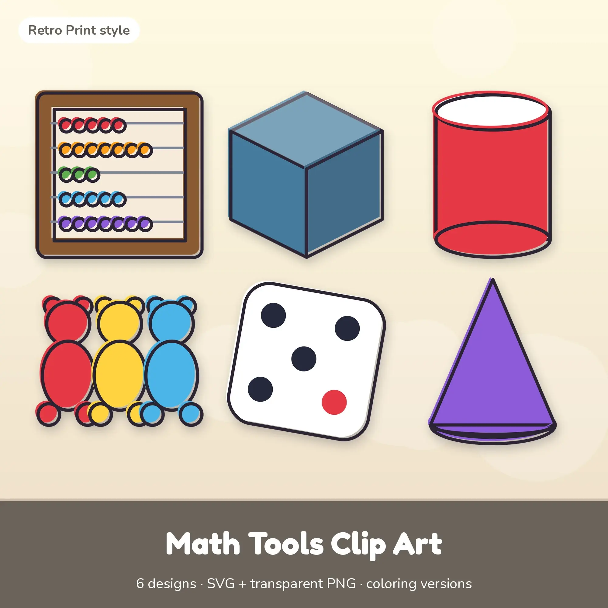 Math Tools Clip Art SVG & PNG - Abacus, Cube & More (Retro Print) preview
