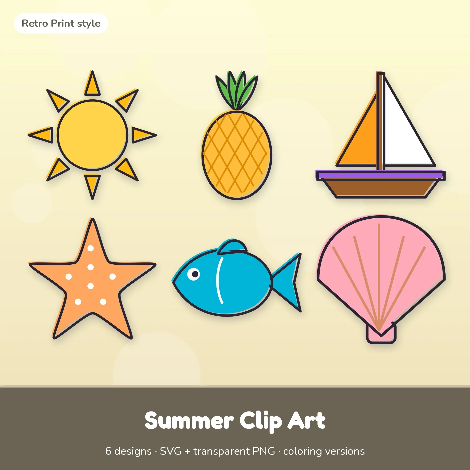 Summer Vector Clipart Bundle: Sun, Pineapple + 4 More preview