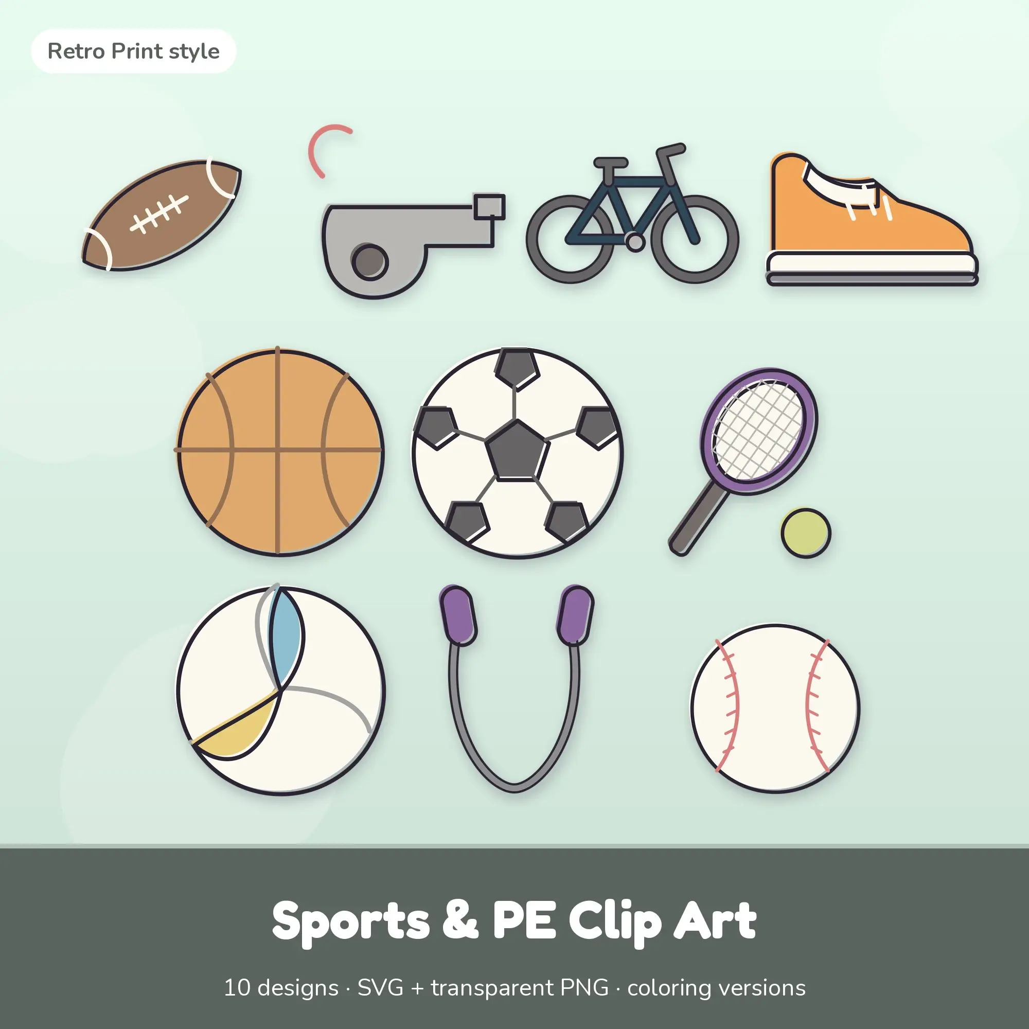 Vintage Sports & PE Clip Art - 10 SVG + PNG Designs preview