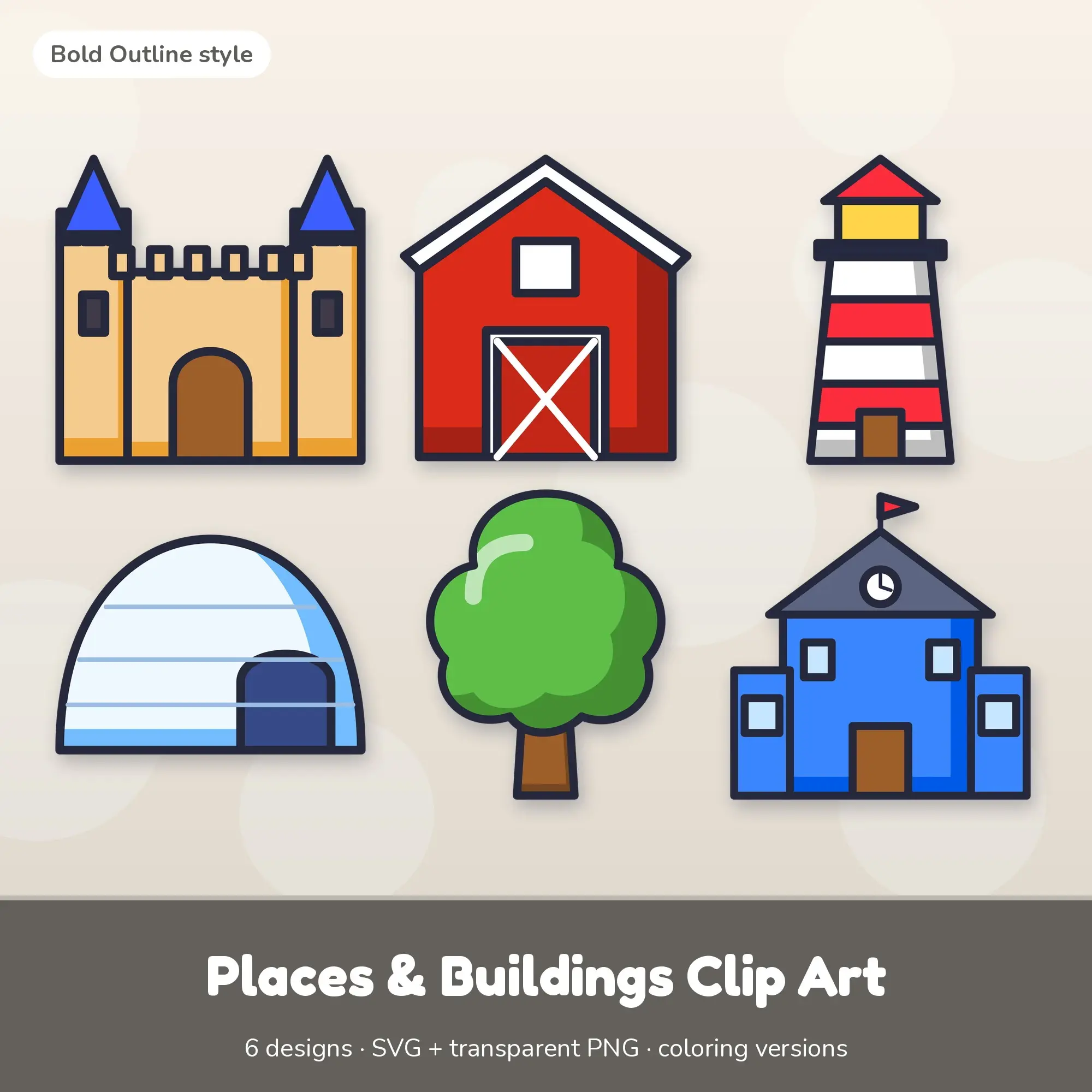 Vivid Pop Places & Buildings Clip Art - 6 SVG + PNG Designs preview