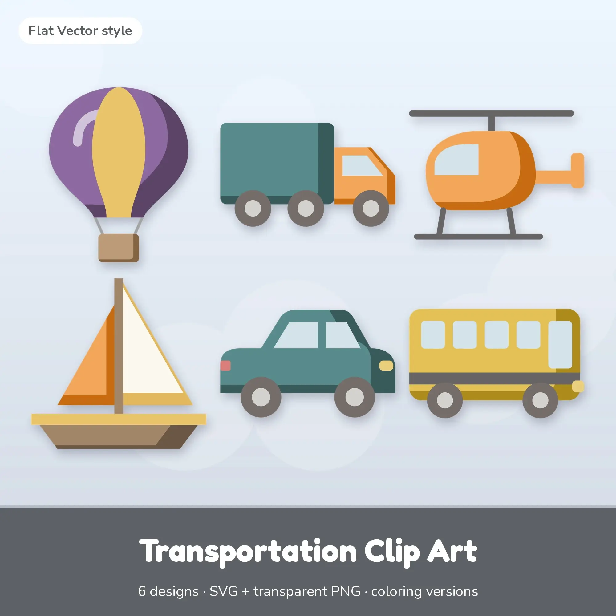 6 Transportation Clip Art Vectors - Hot Air Balloon, Truck, Helicopter preview