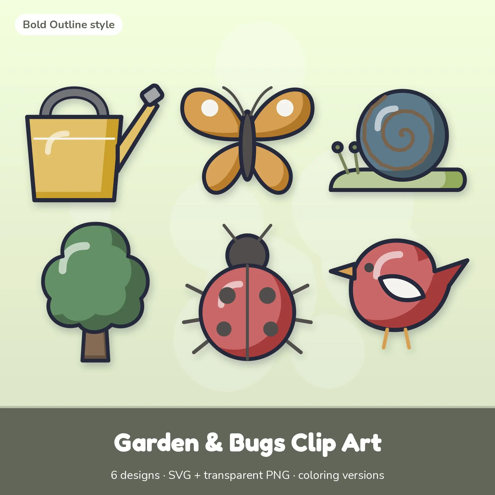 Muted Earthy Bold Outline Garden & Bugs Clipart - 6 SVG and PNG preview
