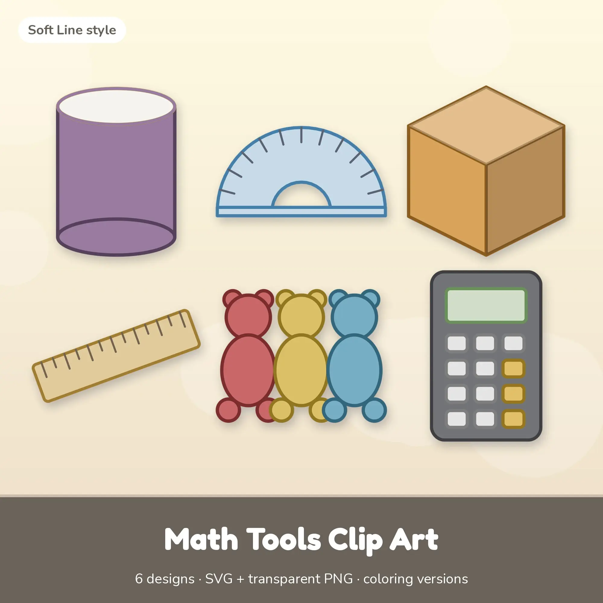 Muted Earthy Soft Line Math Tools Clipart - 6 SVG and PNG preview