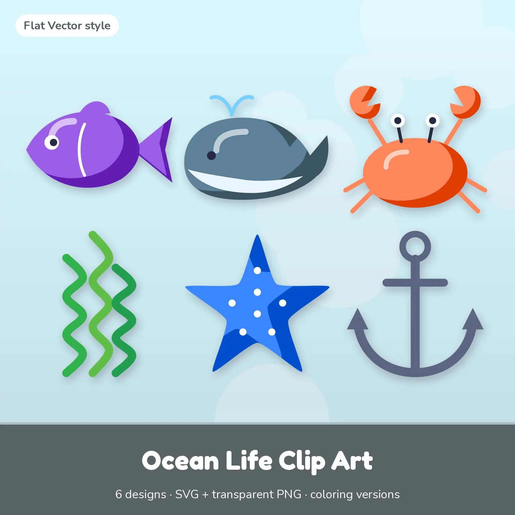 Ocean Life Clip Art with Coloring Pages - 6 Flat Vector Designs preview