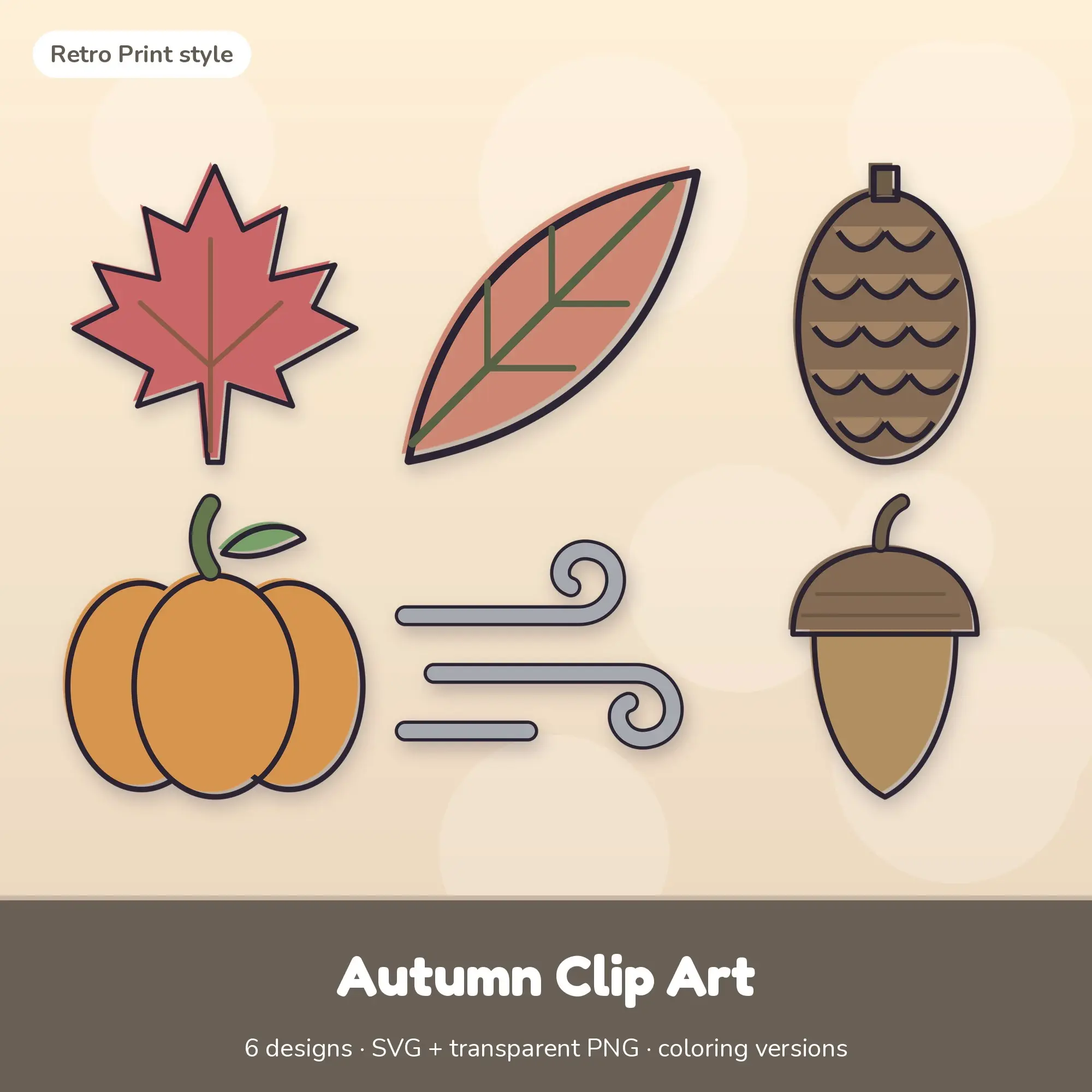 Autumn Clip Art with Coloring Pages - 6 Retro Print Designs preview