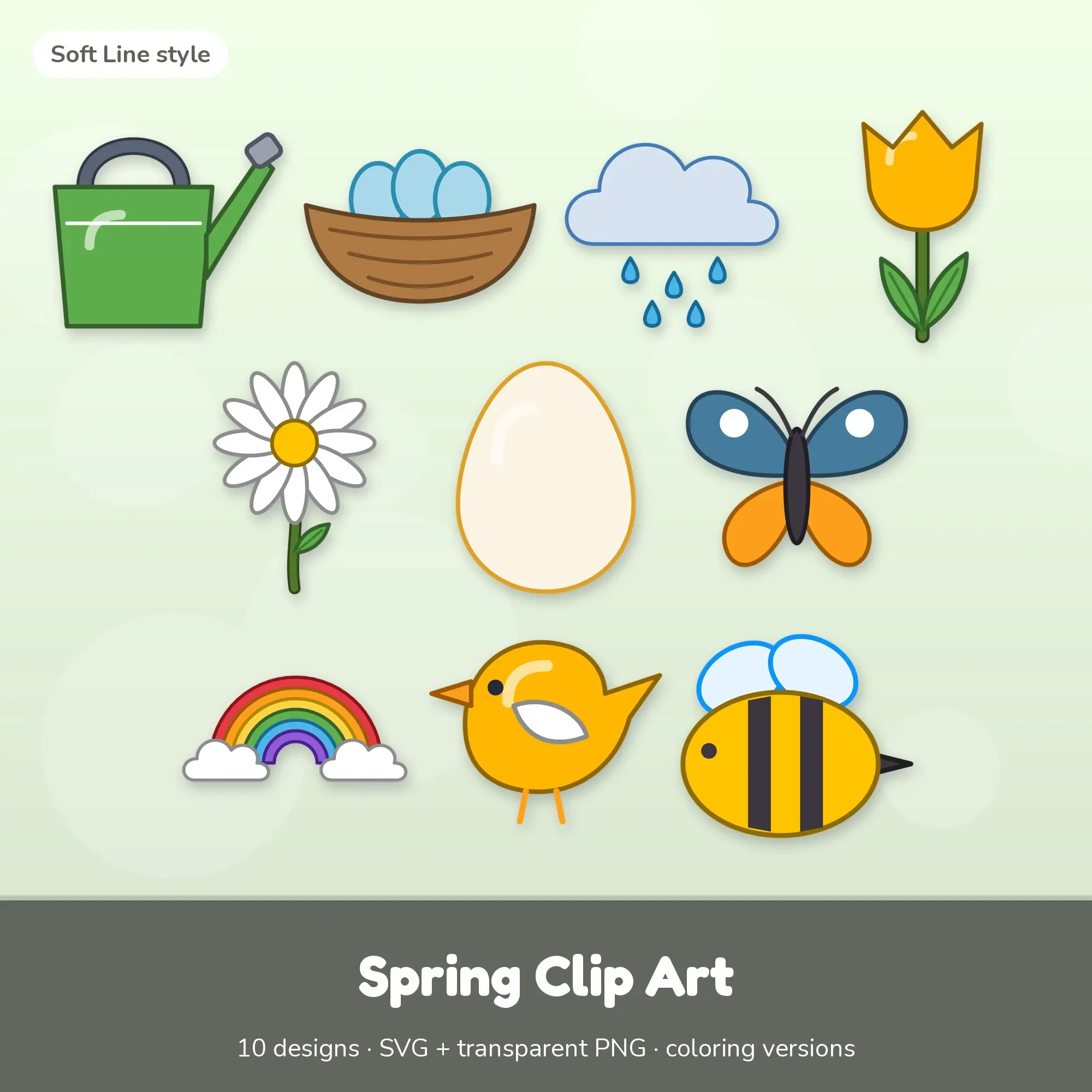 Soft Line Spring Clipart Set: 10 Vector Designs, SVG PNG preview
