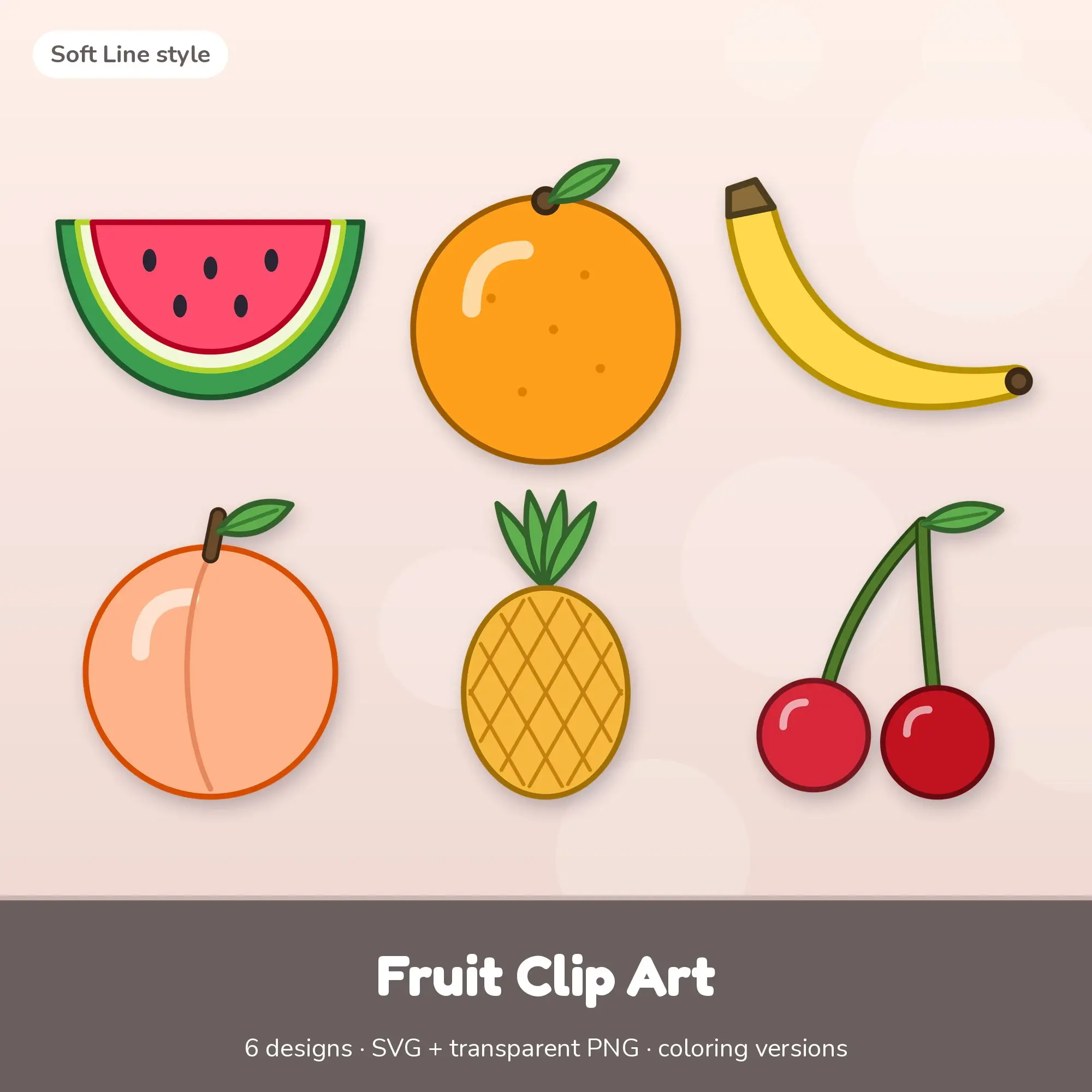 Classic Bright Soft Line Fruit Clipart - 6 SVG and PNG preview