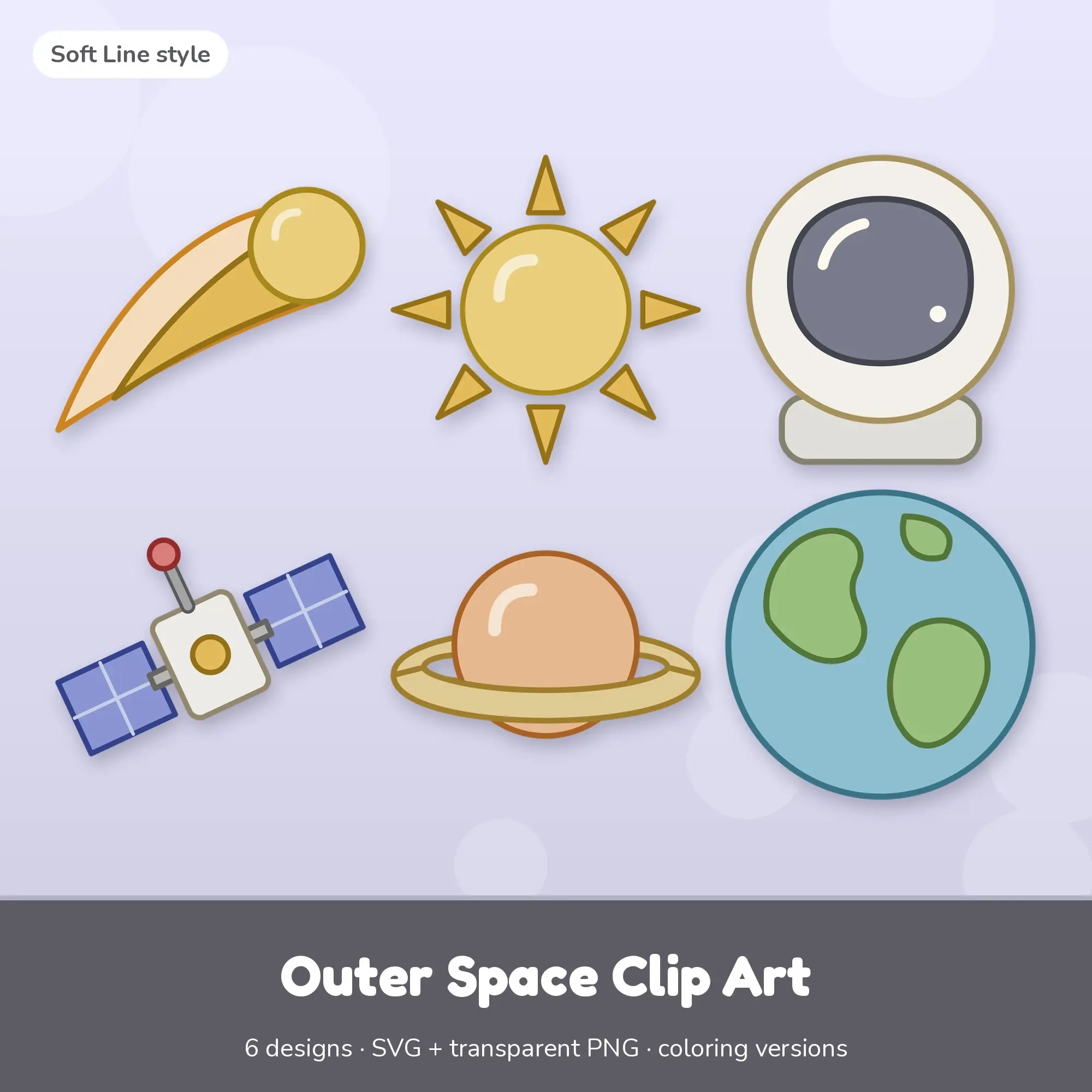 Soft Line Outer Space Clipart Set: 6 Vector Designs, SVG PNG preview