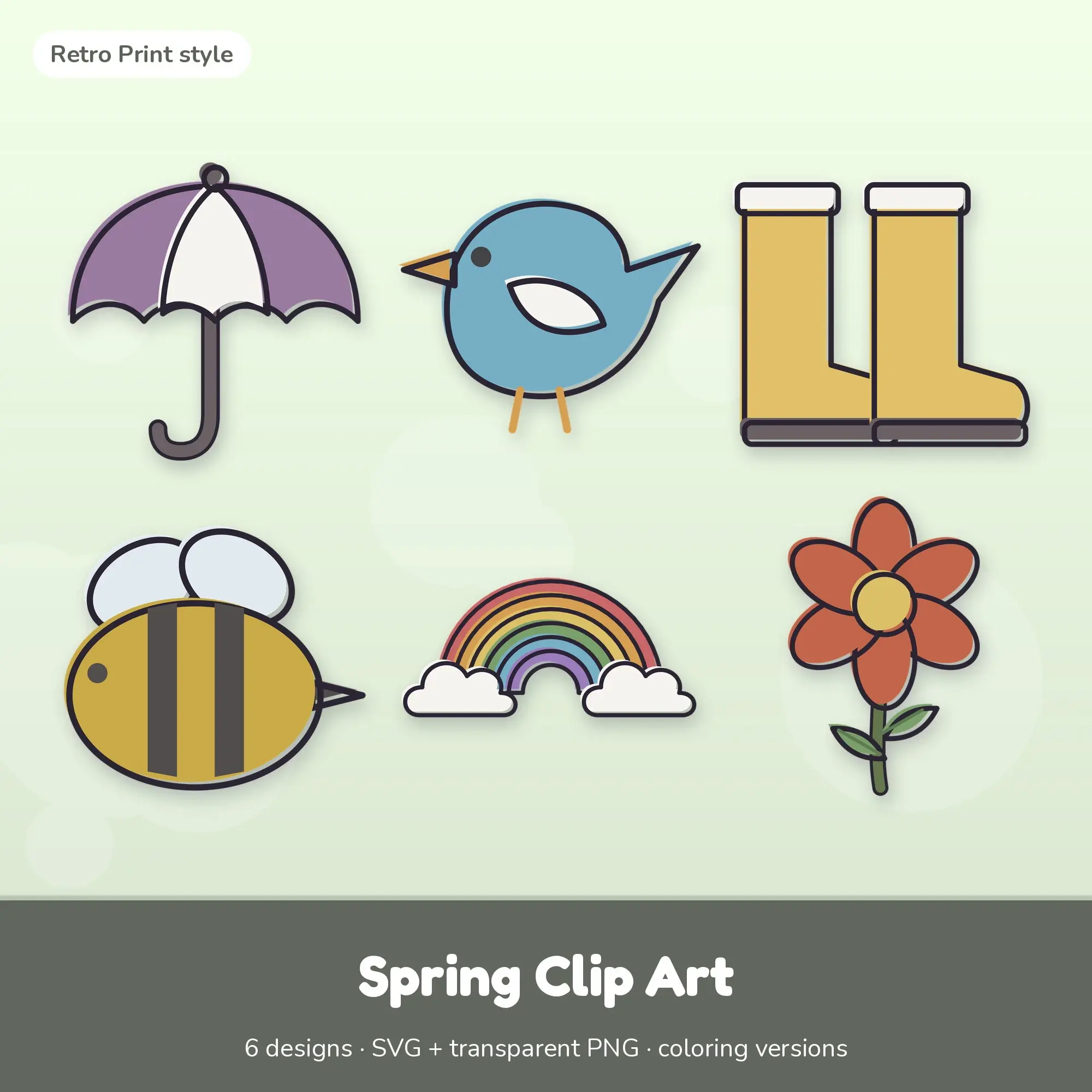Umbrella & Bird Spring Clip Art, Retro Print SVG PNG Set preview