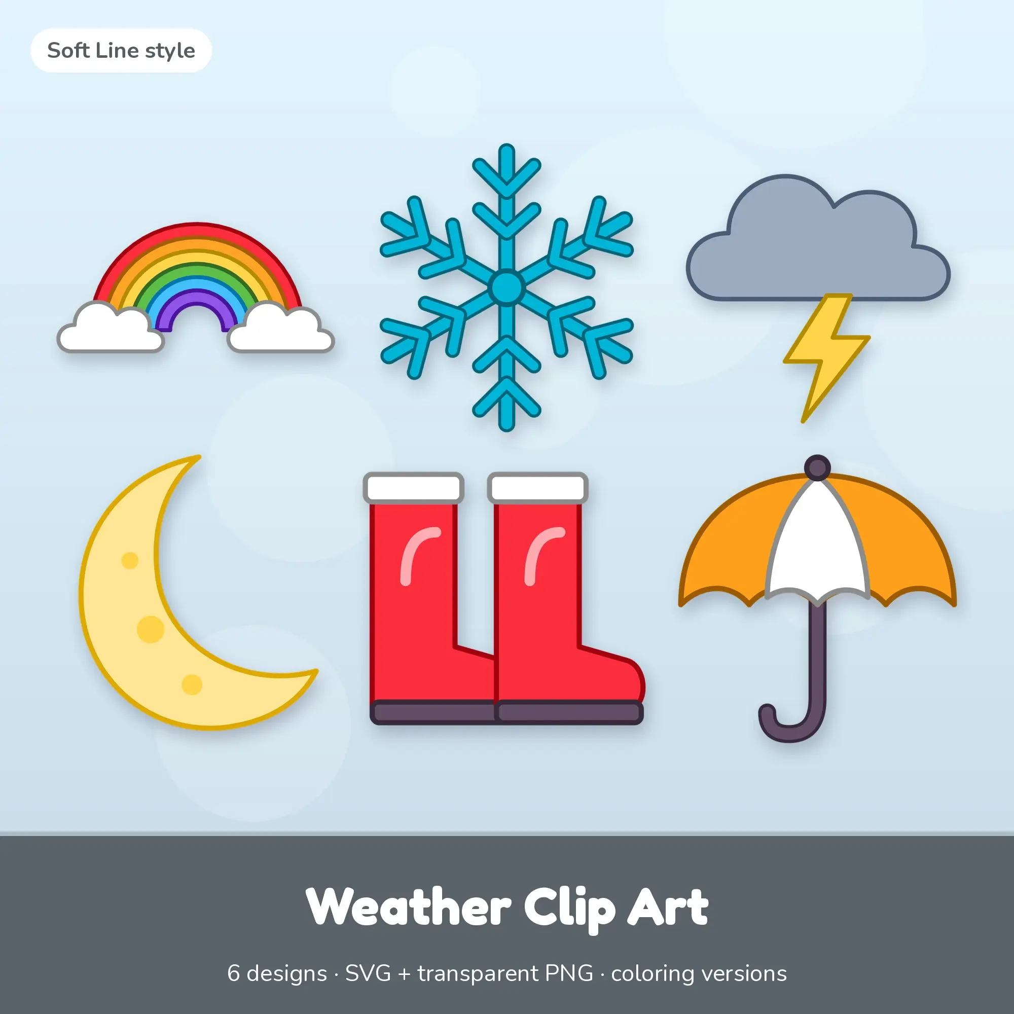 6 Weather Clip Art Vectors - Rainbow, Snowflake, Storm Cloud preview