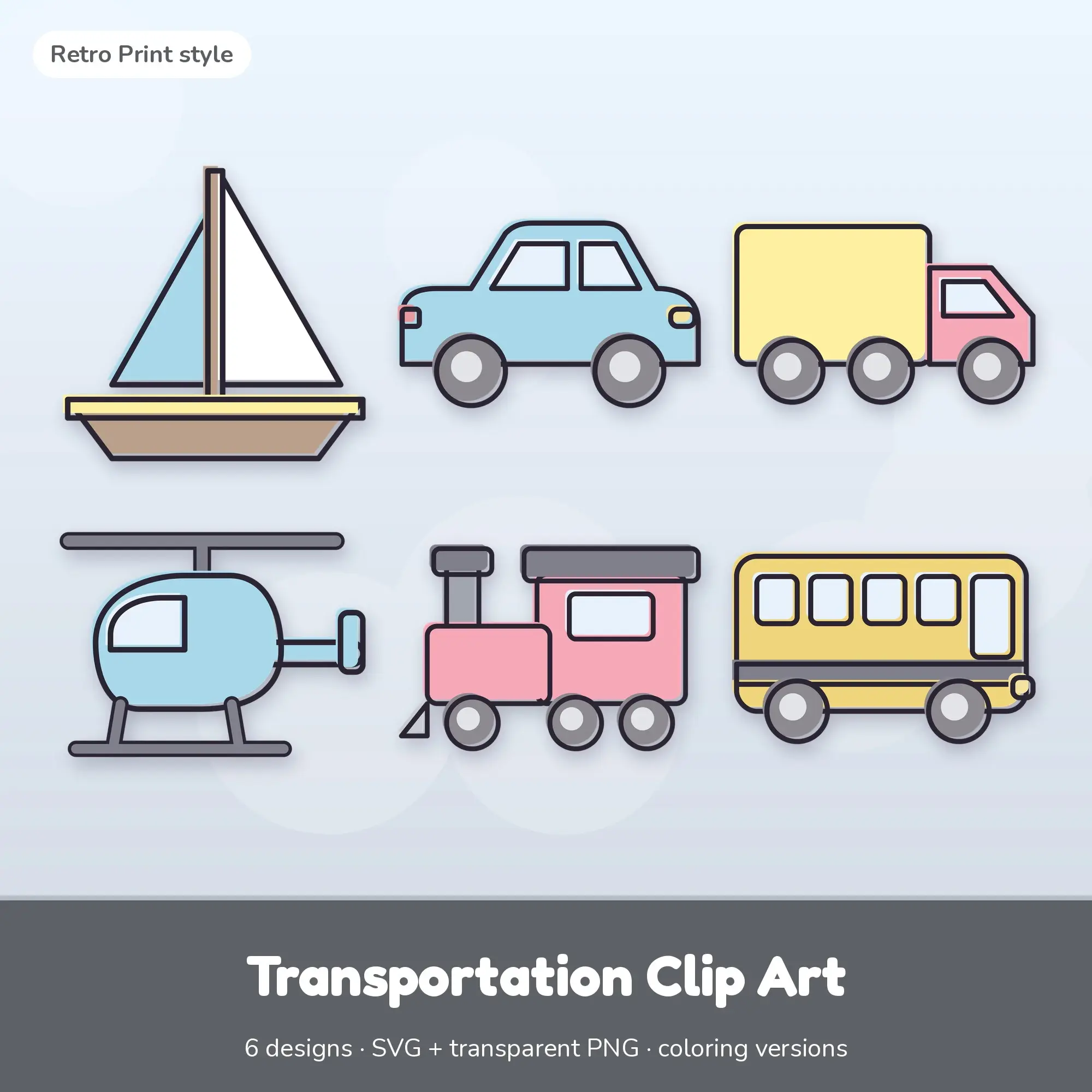 Transportation Clip Art SVG & PNG - Sailboat, Car & More (Retro Print) preview