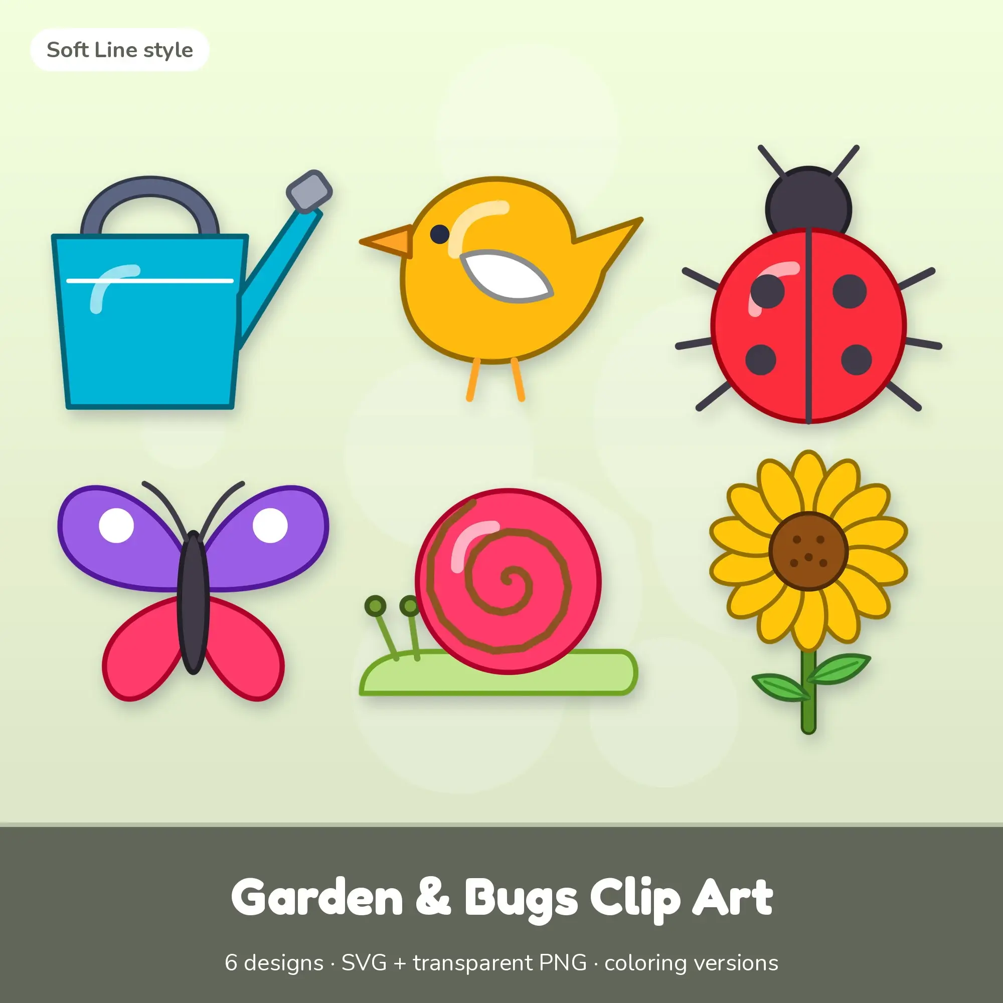Vivid Pop Soft Line Garden & Bugs Clipart - 6 SVG and PNG preview