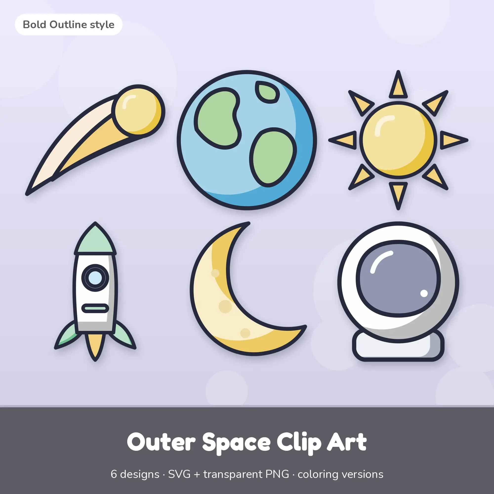 Comet & Earth Outer Space Clip Art, Bold Outline SVG PNG Set preview