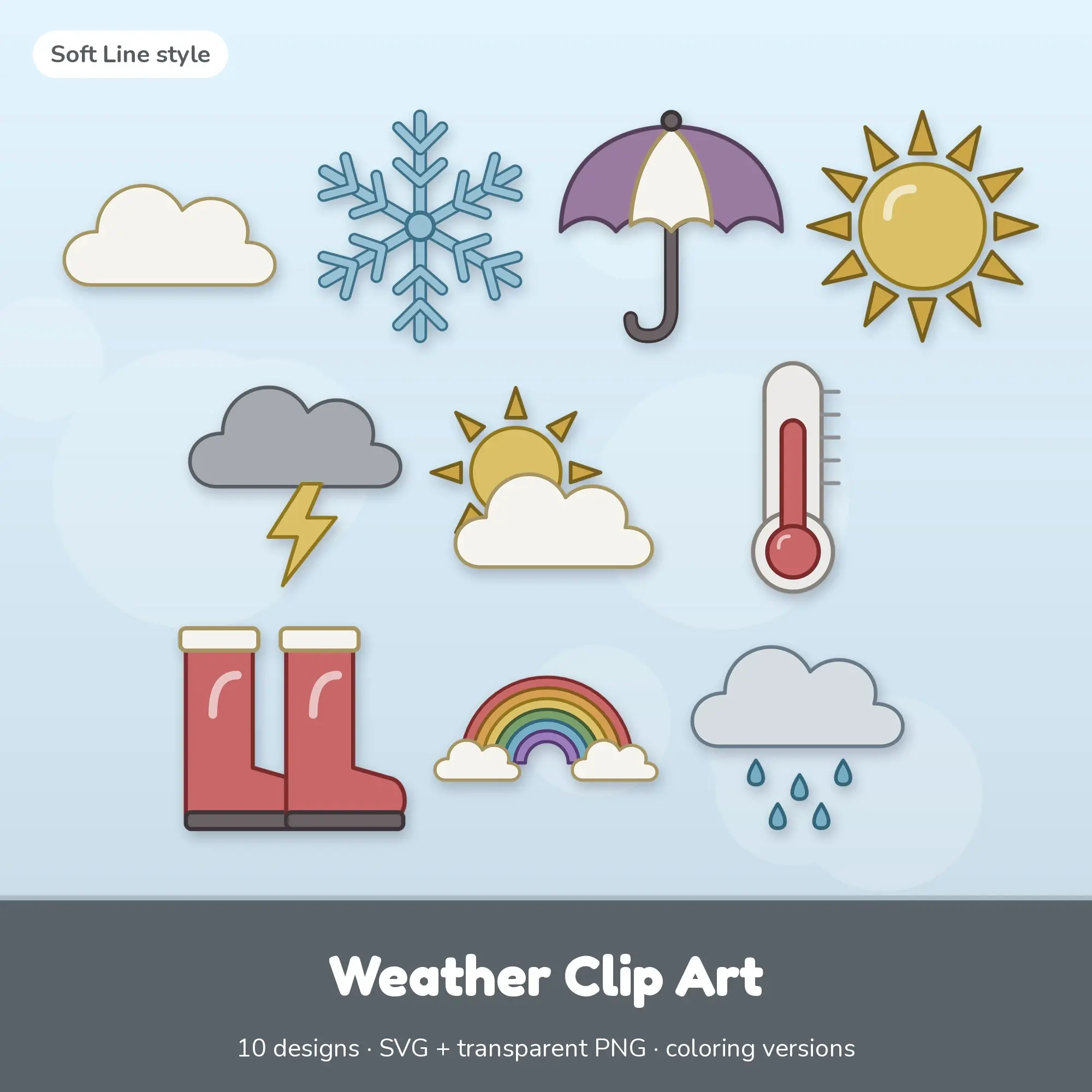 Soft Line Weather Clipart Set: 10 Vector Designs, SVG PNG, preview 1 of 2