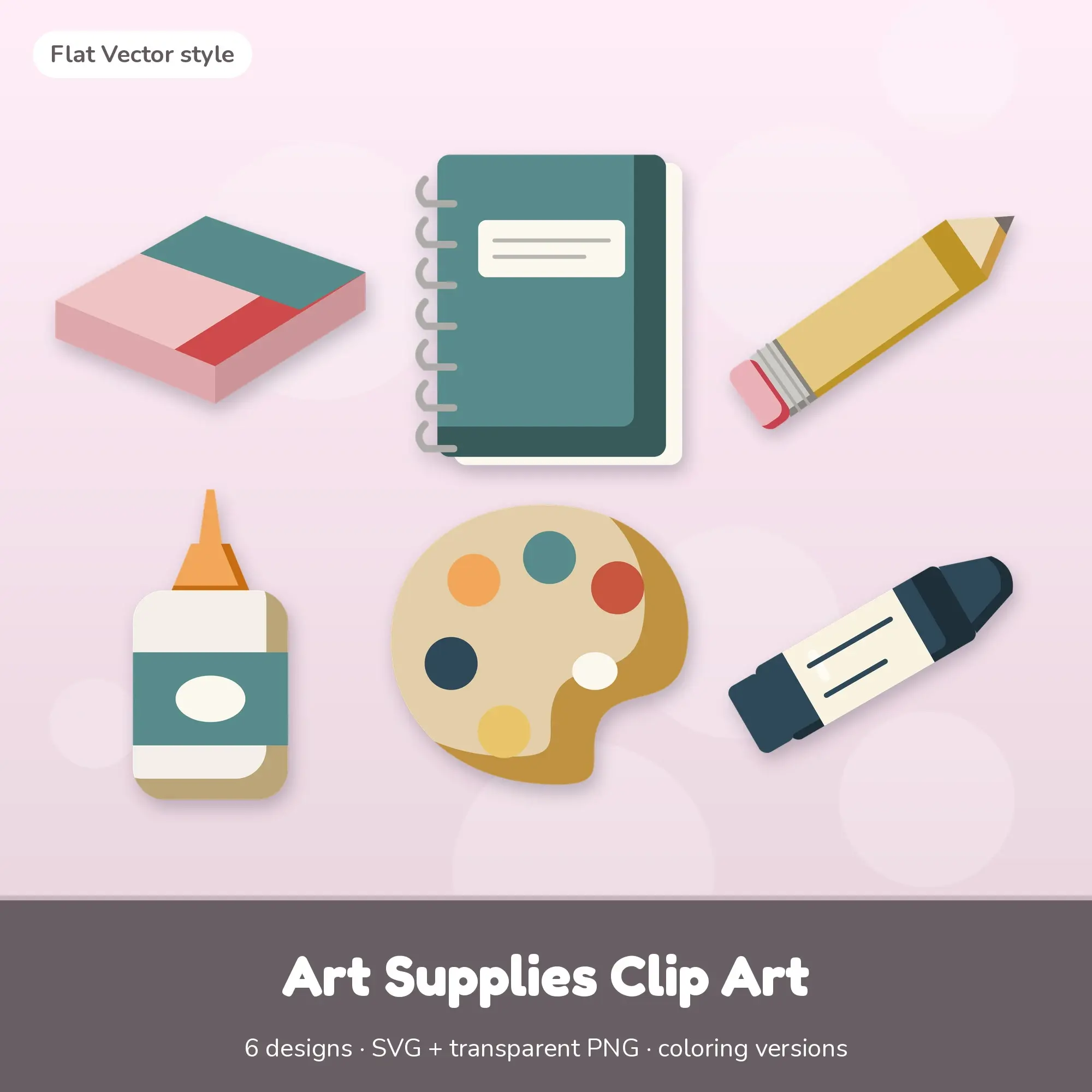 Eraser & Notebook Art Supplies Clip Art, Flat Vector SVG PNG Set preview