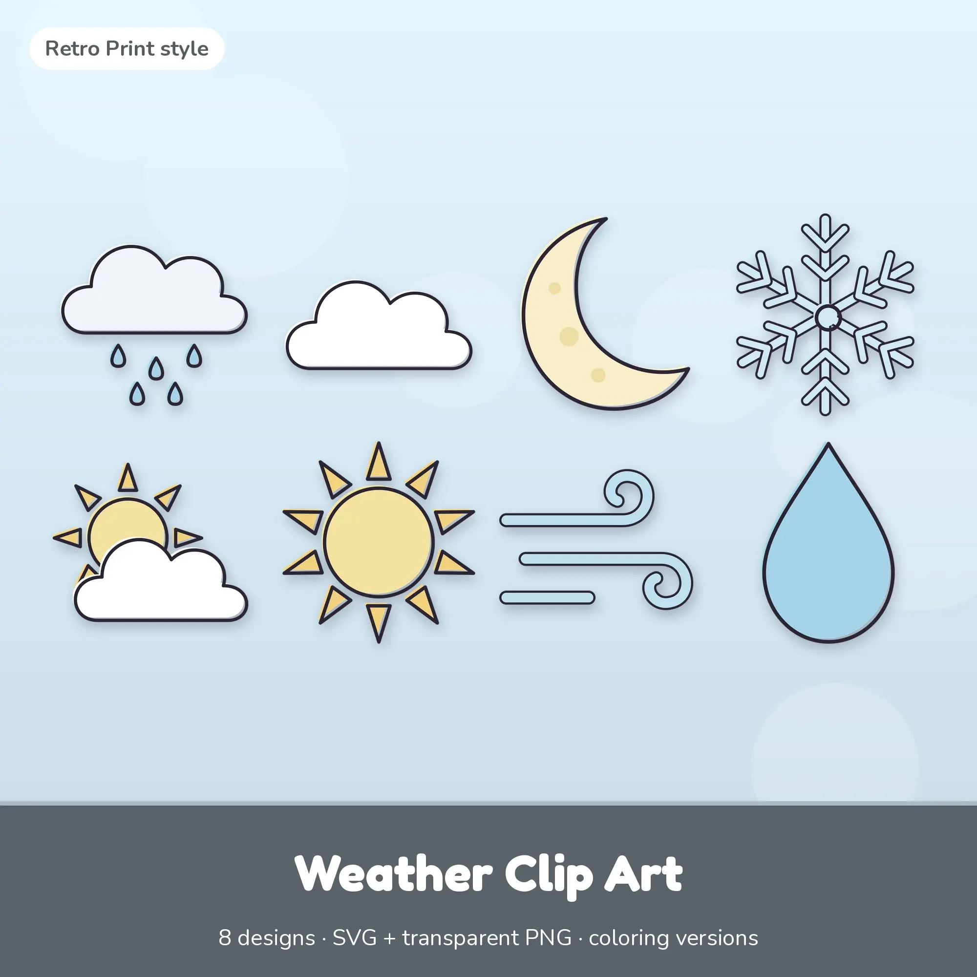 8 Weather Clip Art Vectors - Rain Cloud, Cloud, Moon preview