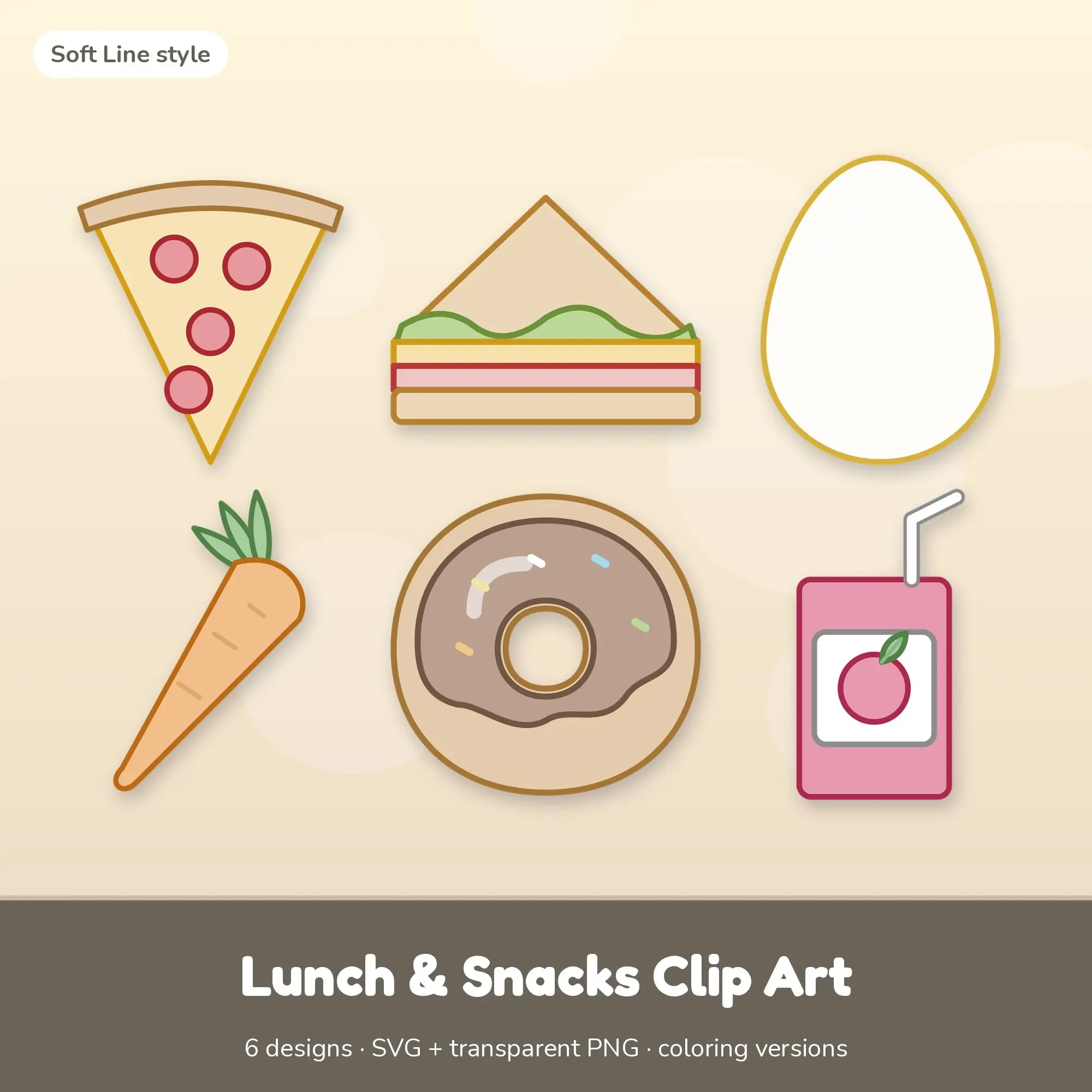 Soft Line Lunch & Snacks Clipart Set: 6 Vector Designs, SVG PNG preview