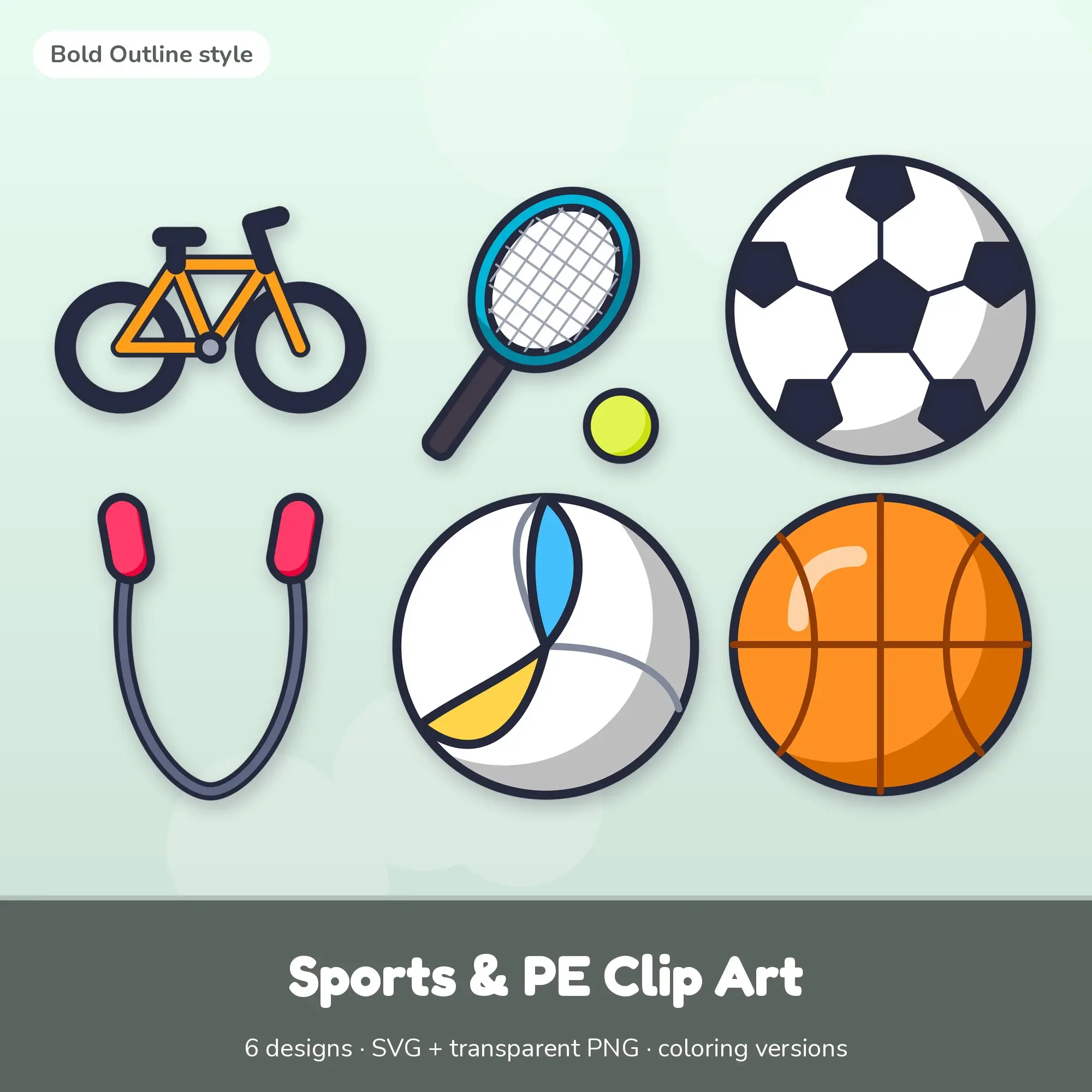 6 Sports & PE Clip Art Vectors - Bicycle, Tennis Racket, Soccer Ball preview