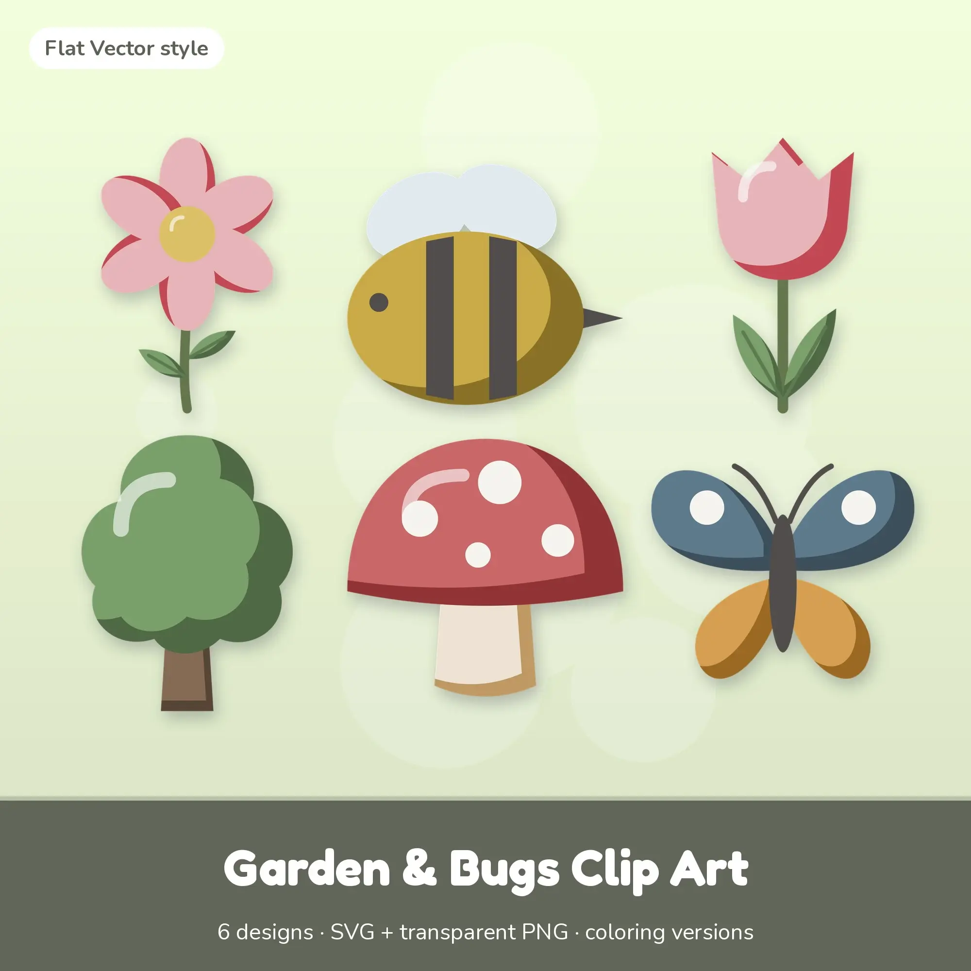 Garden & Bugs Clip Art with Coloring Pages - 6 Flat Vector Designs preview