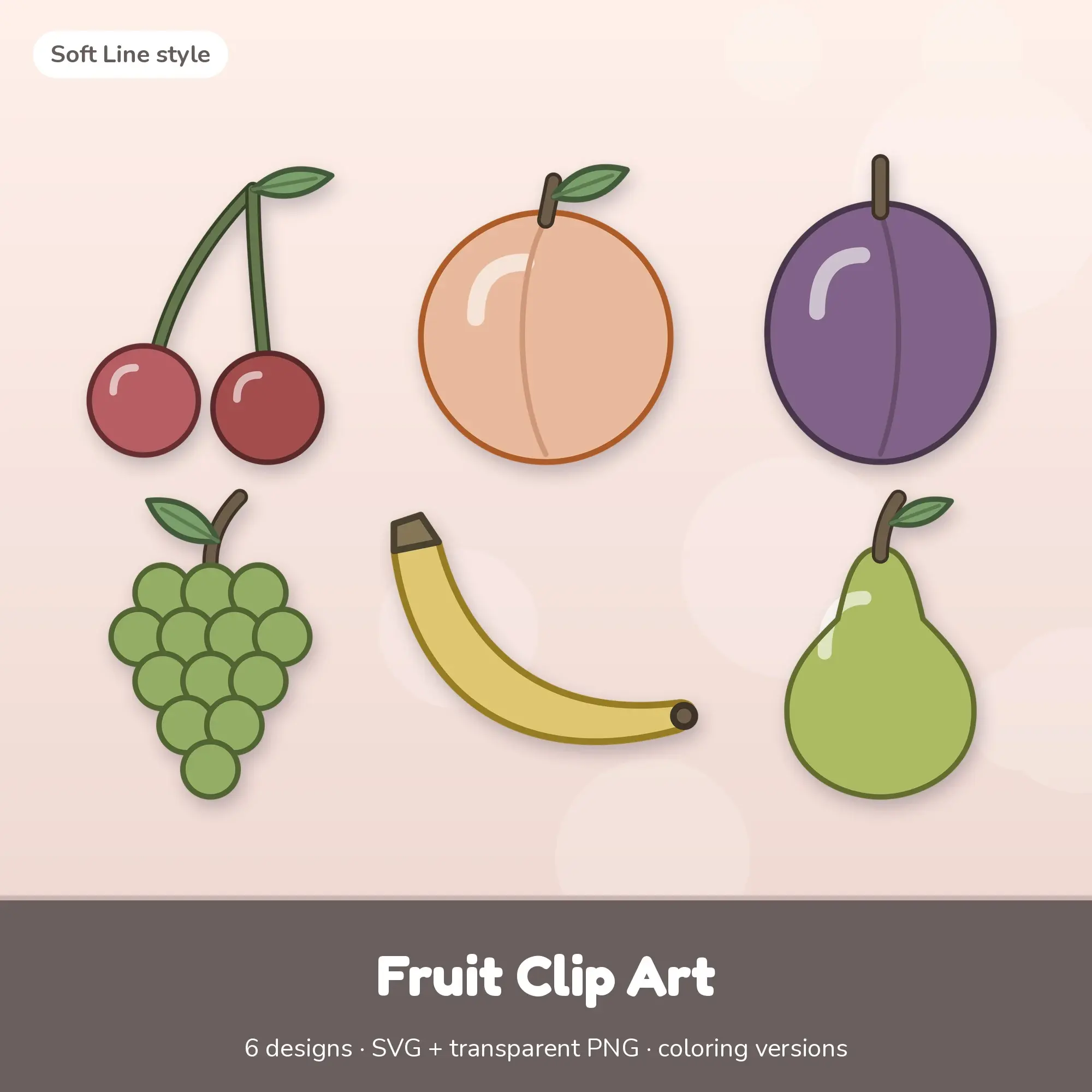 6 Fruit Clip Art Vectors - Cherries, Peach, Plum preview