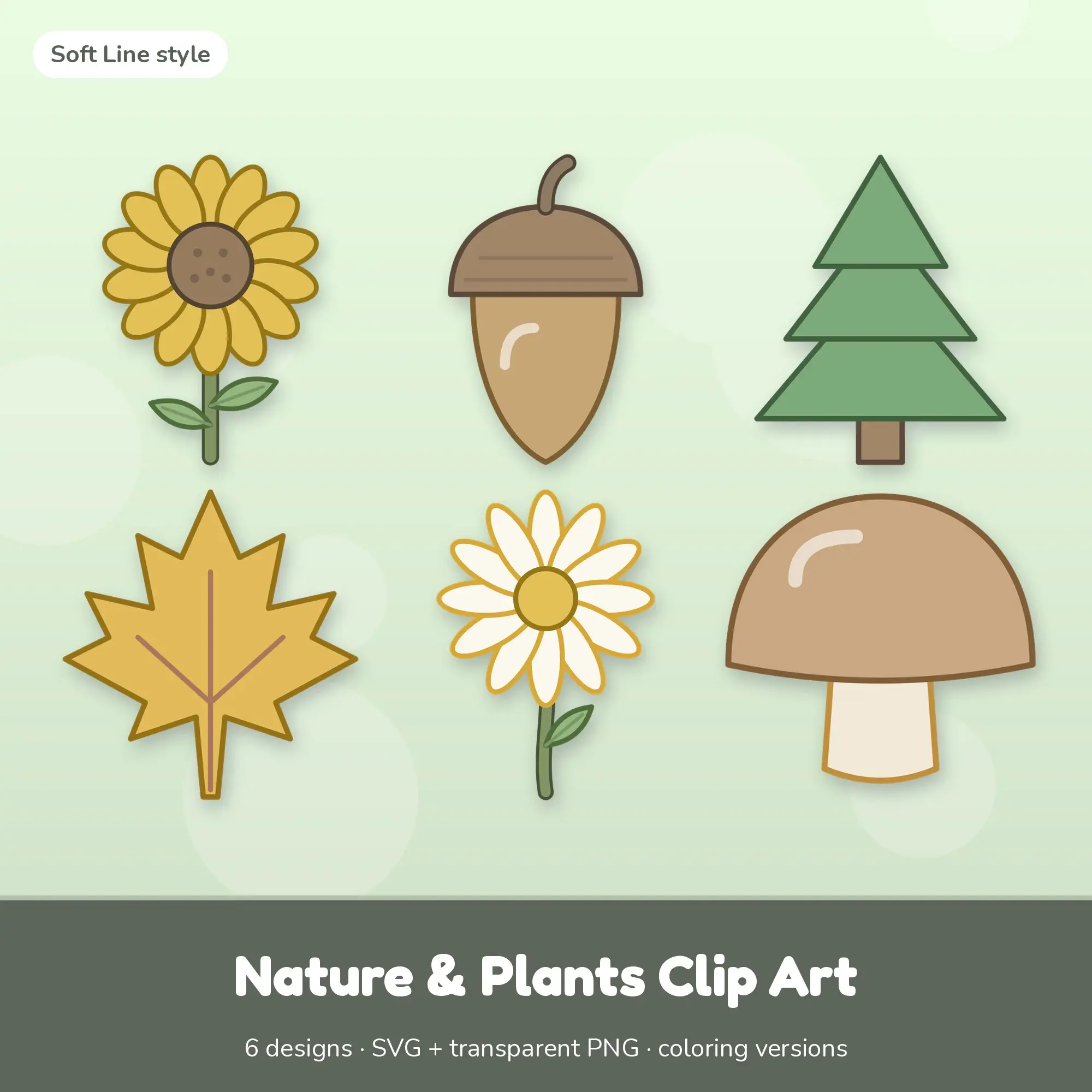 Sunflower & Acorn Nature & Plants Clip Art, Soft Line SVG PNG Set preview